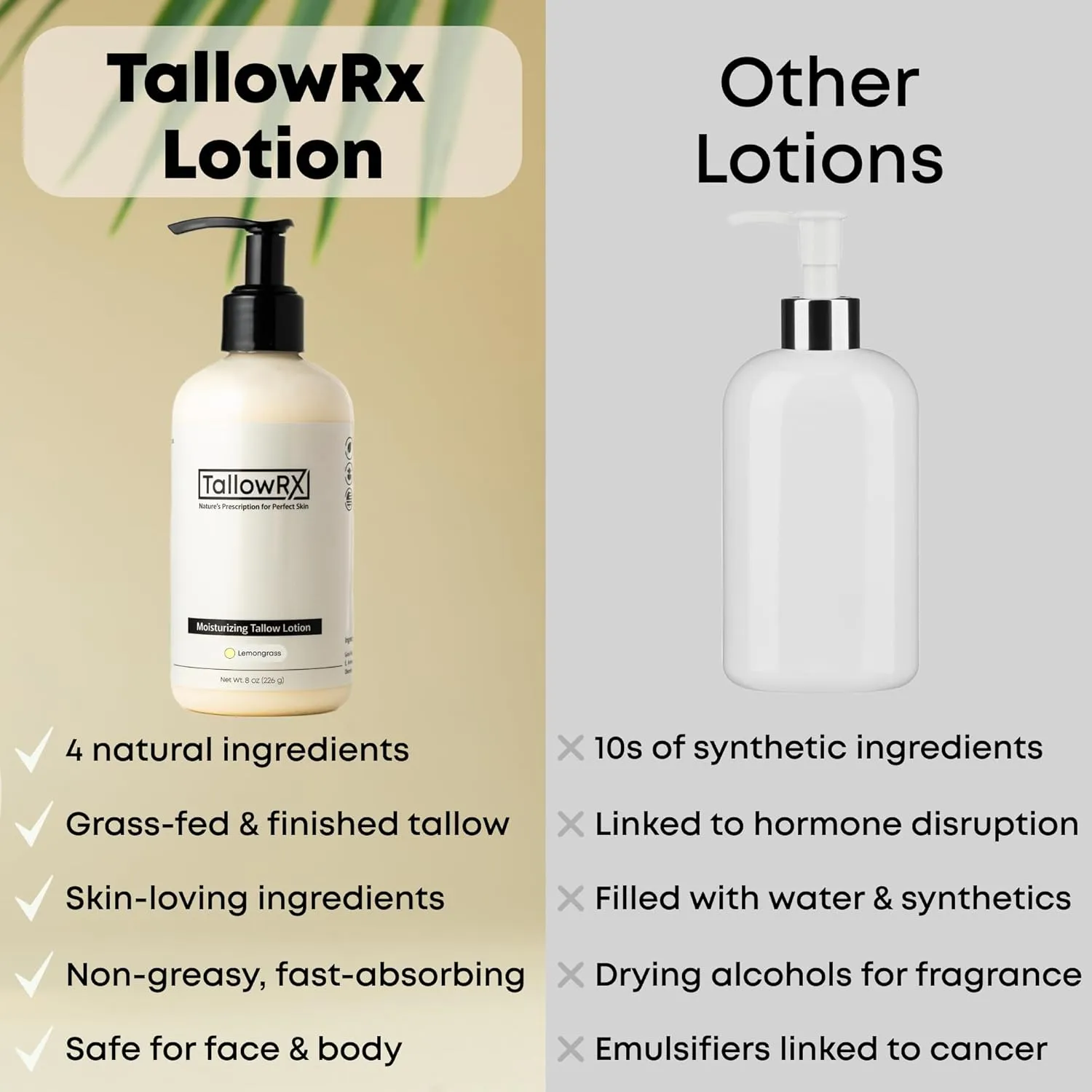 Beef Tallow Lotion for Skin, Face & Body – Luxurious Moisturizer with Grass Fed Tallow, Organic Aloe, Vitamin E & Arrowroot (8 oz, Lemongrass)