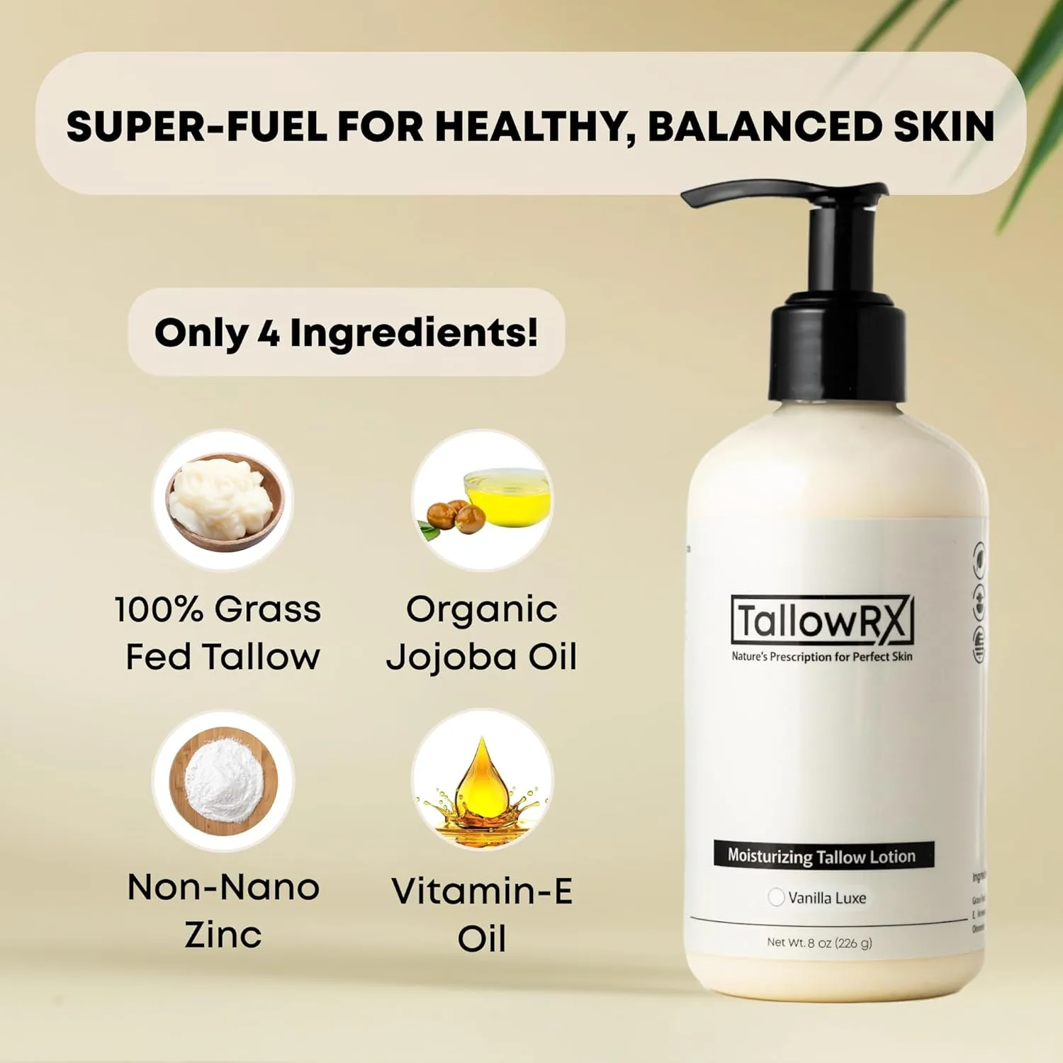 Beef Tallow Lotion for Skin, Face & Body – Luxurious Moisturizer with Grass Fed Tallow, Organic Aloe, Vitamin E & Arrowroot (8 oz, Vanilla)