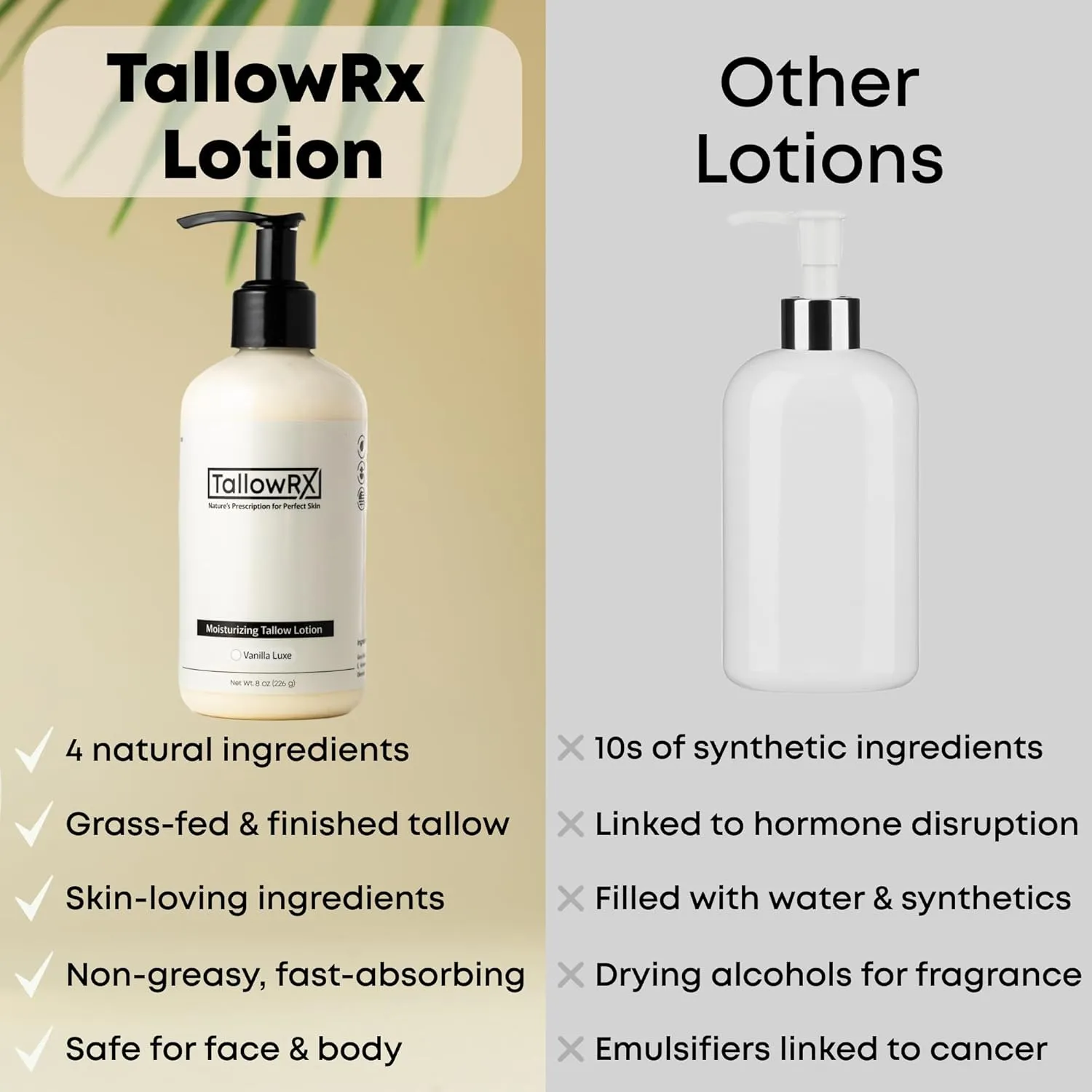Beef Tallow Lotion for Skin, Face & Body – Luxurious Moisturizer with Grass Fed Tallow, Organic Aloe, Vitamin E & Arrowroot (8 oz, Vanilla)