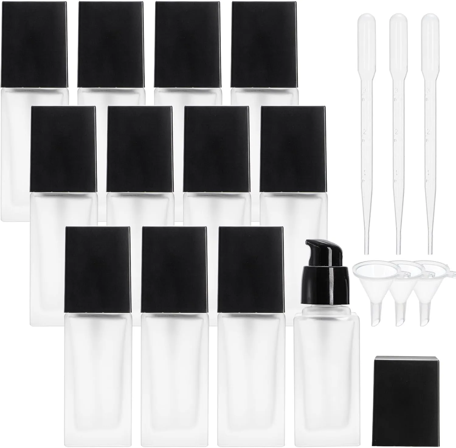 Bekith 12 Pack 1oz/30ml Empty Foundation Bottle, Frosted Glass Pump Bottles for Lotion Liquid Cream, Foundation Sample Bottle Cosmetic Travel Container with 3pcs Funnels and 3pcs Droppers