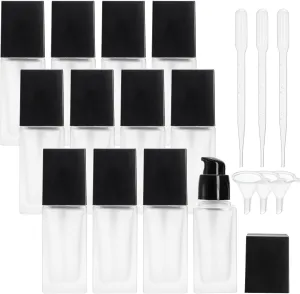 Bekith 12 Pack 1oz/30ml Empty Foundation Bottle, Frosted Glass Pump Bottles for Lotion Liquid Cream, Foundation Sample Bottle Cosmetic Travel Container with 3pcs Funnels and 3pcs Droppers