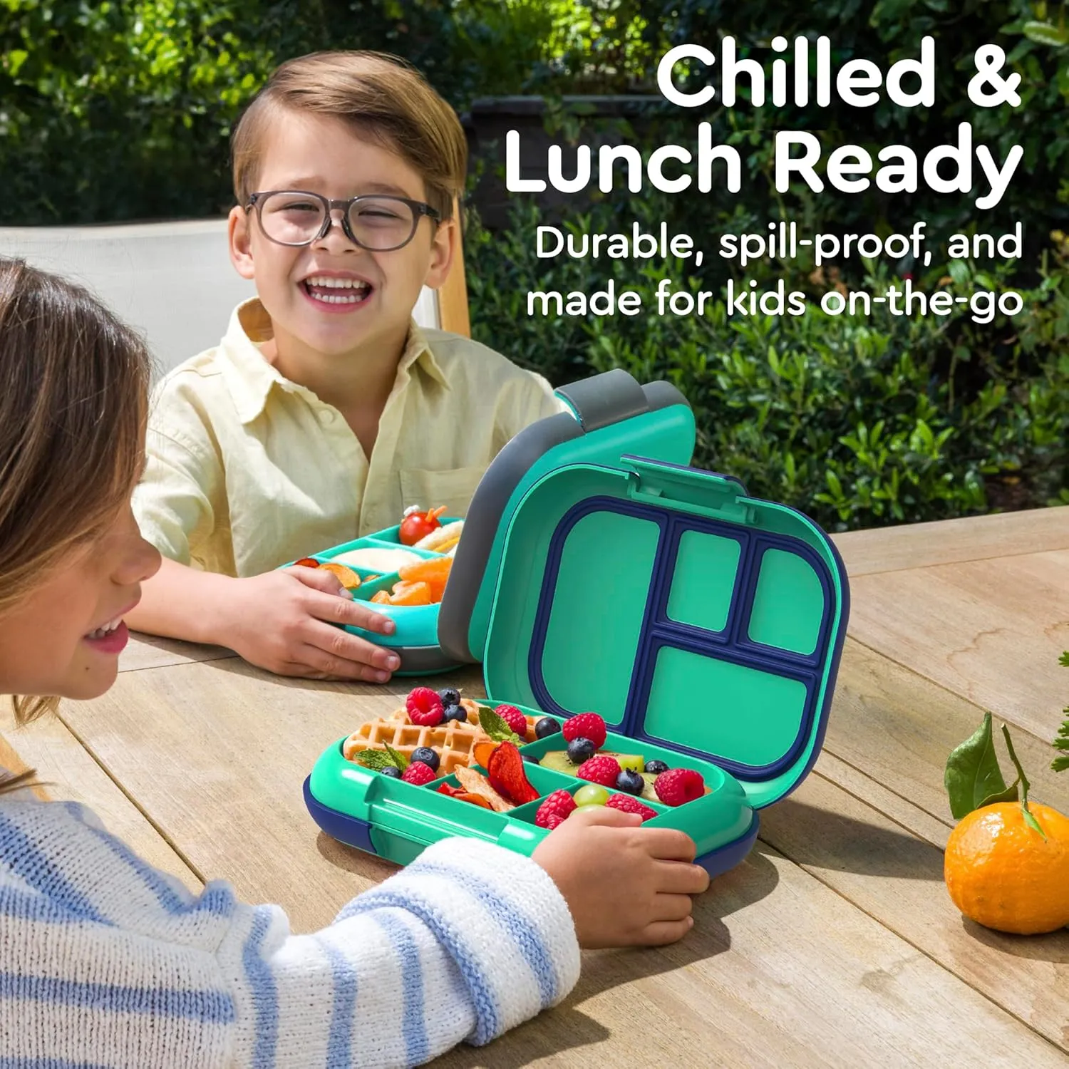 Bentgo Chill Kids Leak-Proof Lunch Box - 4-Compartment Bento Box with Built-In Ice Pack, 3.3 Cup Capacity, PFAS & BPA-Free, Microwave & Dishwasher Safe, Ideal Size for Ages 3 to 7 (Green/Navy)
