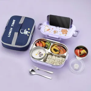 Bento box for kids/adults, 304 Stainless steel insulated 4 compartments lunch box with Soup Bowl, Thermal bag, Spoon and folk, Leak proof, Microwavable, Dishwasher safe, 5 colors (Purple)
