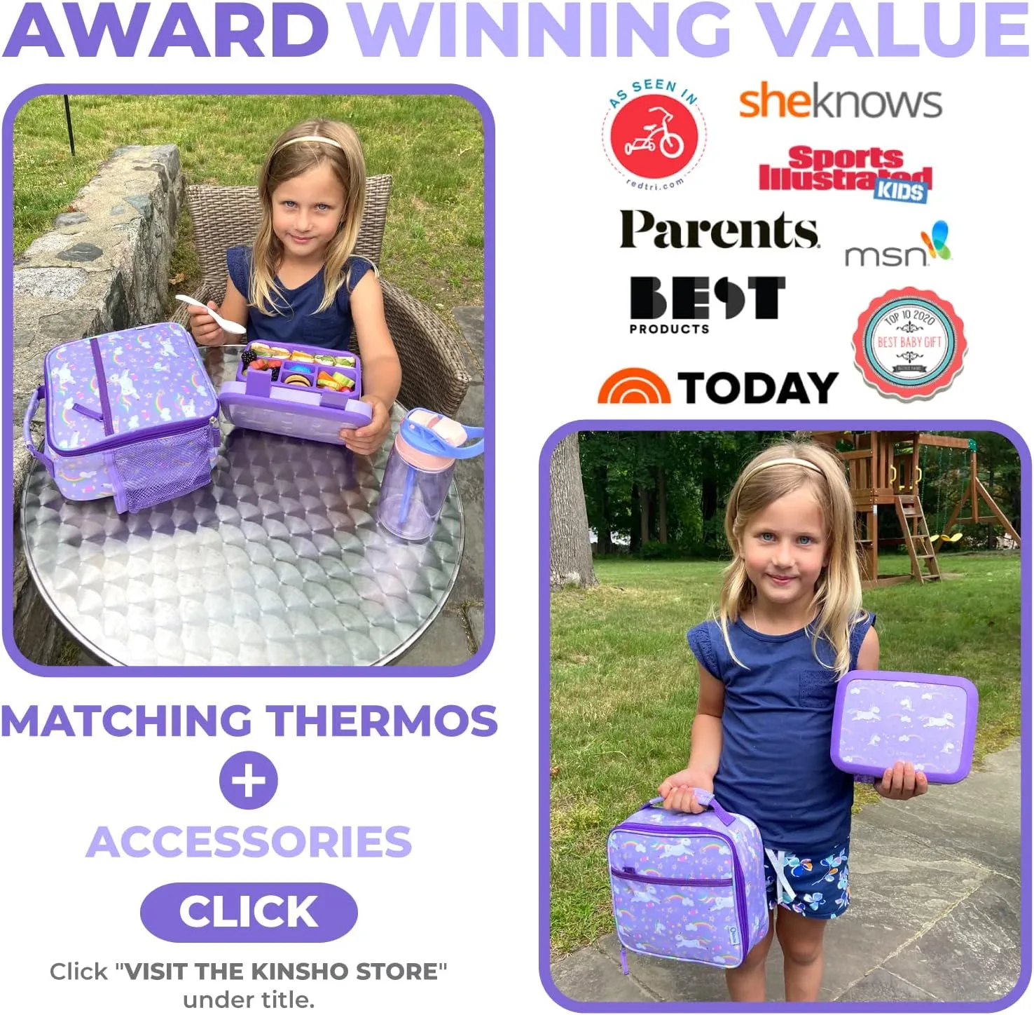 Bento Box with Insulated Lunch Bag, Ice Pack & Water Bottle Set for Kids - 5 Compartments, Lunches or Snack Container Girls, Toddlers Daycare Pre-School, Kindergarten Purple Unicorn