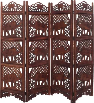 Benzara BM34823 Hand Carved Elephant Design Foldable 4-Panel Wooden Partition Screen/Room Divider, Brown