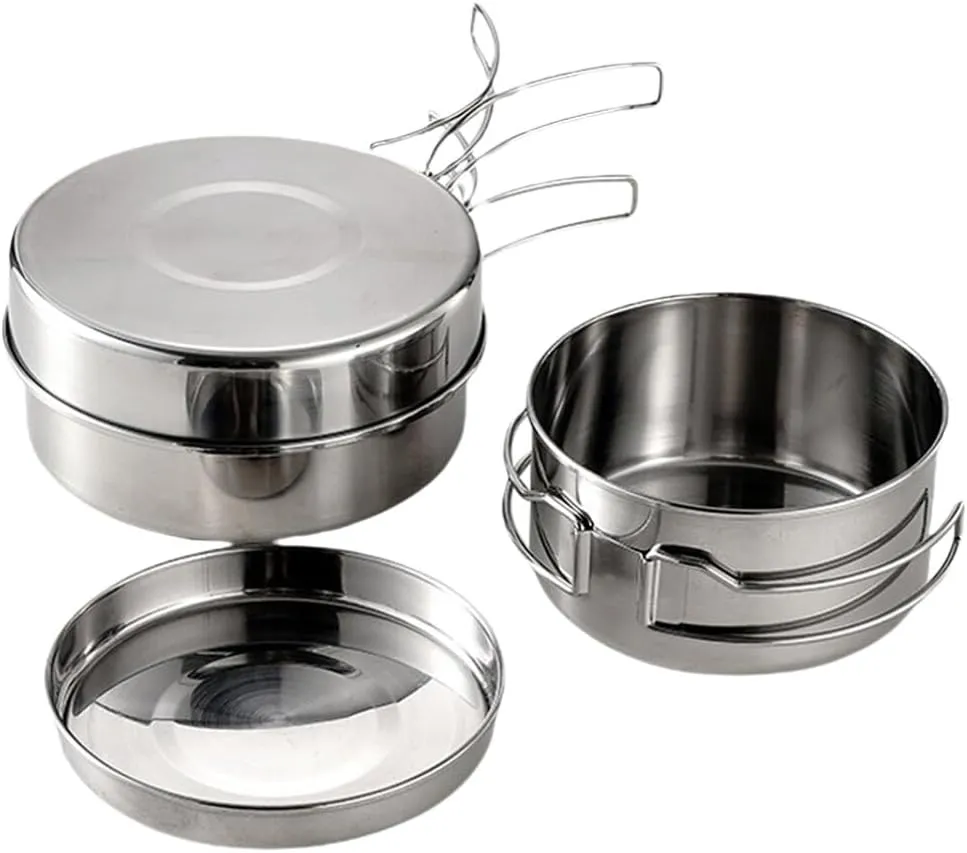 BESPORTBLE Stainless Steel Pot Set for Camping Portable Cooking Kit Cookware 4-Piece Set