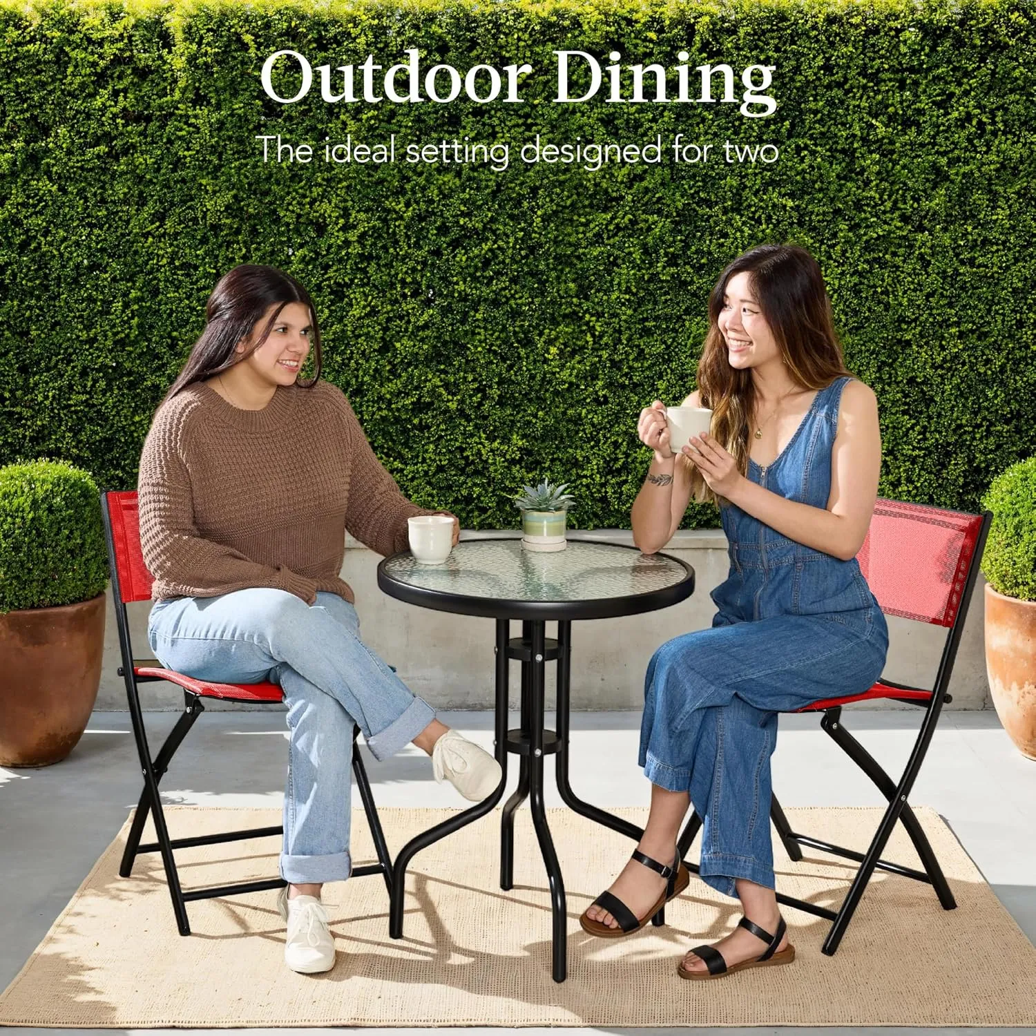 Best Choice Products 3-Piece Patio Bistro Dining Furniture Set w/Textured Glass Tabletop, 2 Steel Folding Chairs, Polyester Fabric - Red
