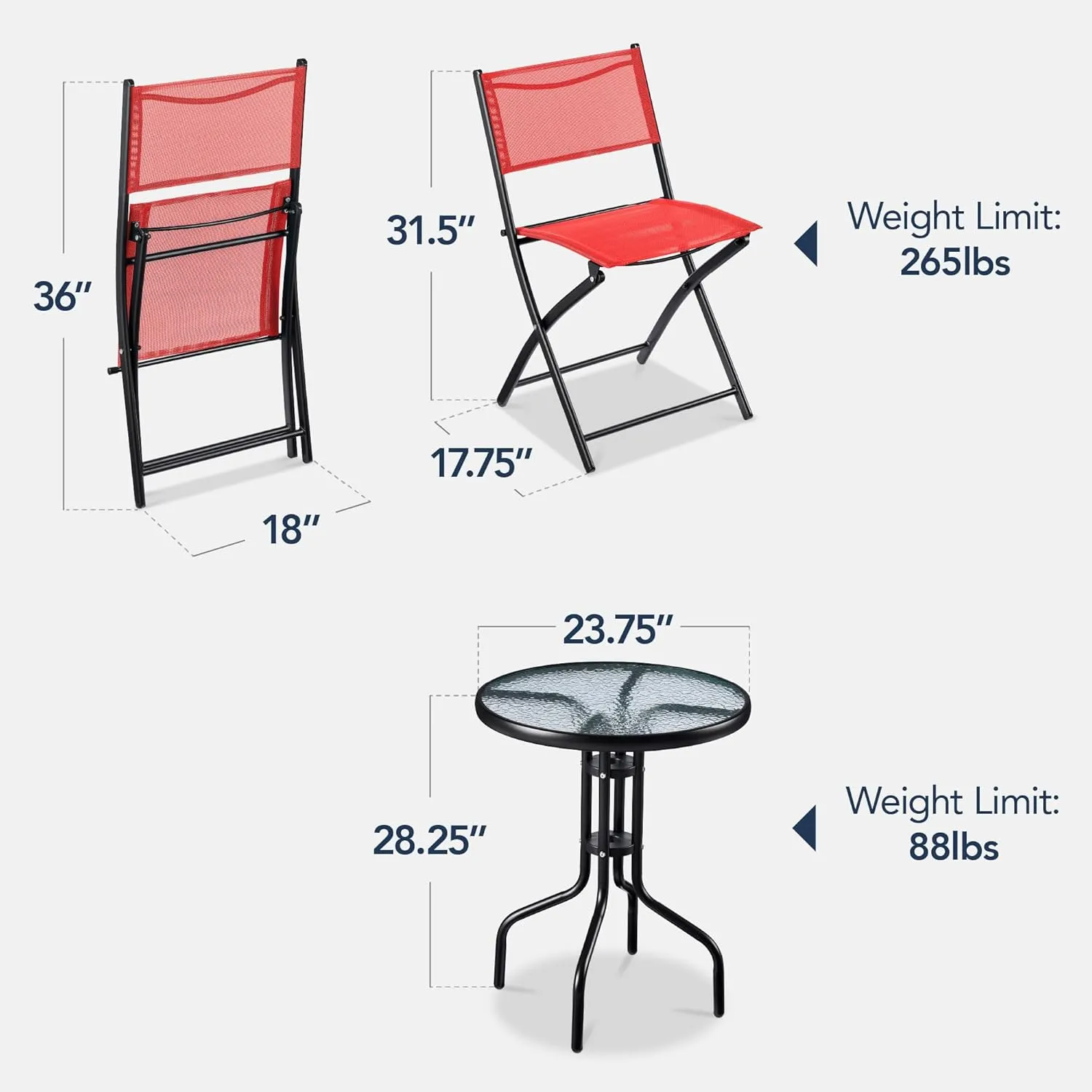 Best Choice Products 3-Piece Patio Bistro Dining Furniture Set w/Textured Glass Tabletop, 2 Steel Folding Chairs, Polyester Fabric - Red