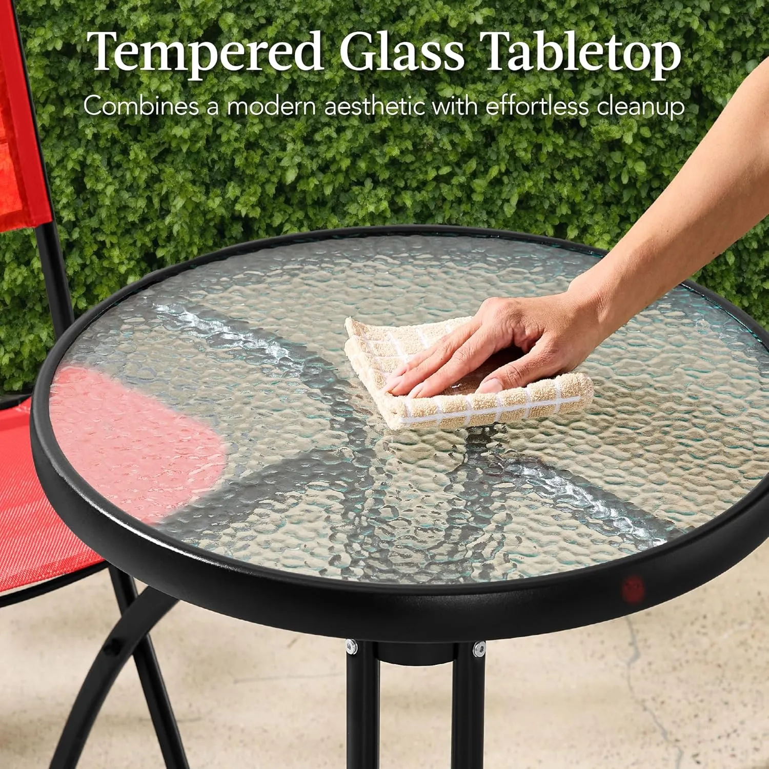 Best Choice Products 3-Piece Patio Bistro Dining Furniture Set w/Textured Glass Tabletop, 2 Steel Folding Chairs, Polyester Fabric - Red