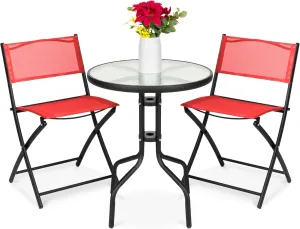Best Choice Products 3-Piece Patio Bistro Dining Furniture Set w/Textured Glass Tabletop, 2 Steel Folding Chairs, Polyester Fabric - Red