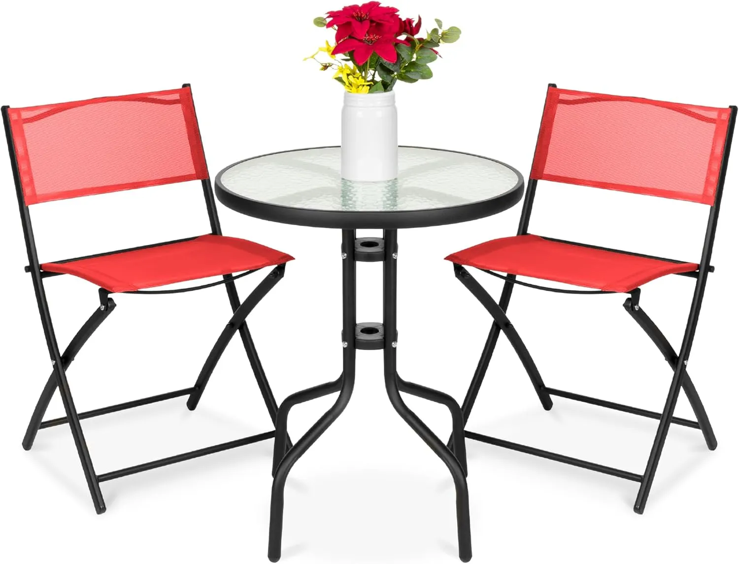Best Choice Products 3-Piece Patio Bistro Dining Furniture Set w/Textured Glass Tabletop, 2 Steel Folding Chairs, Polyester Fabric - Red