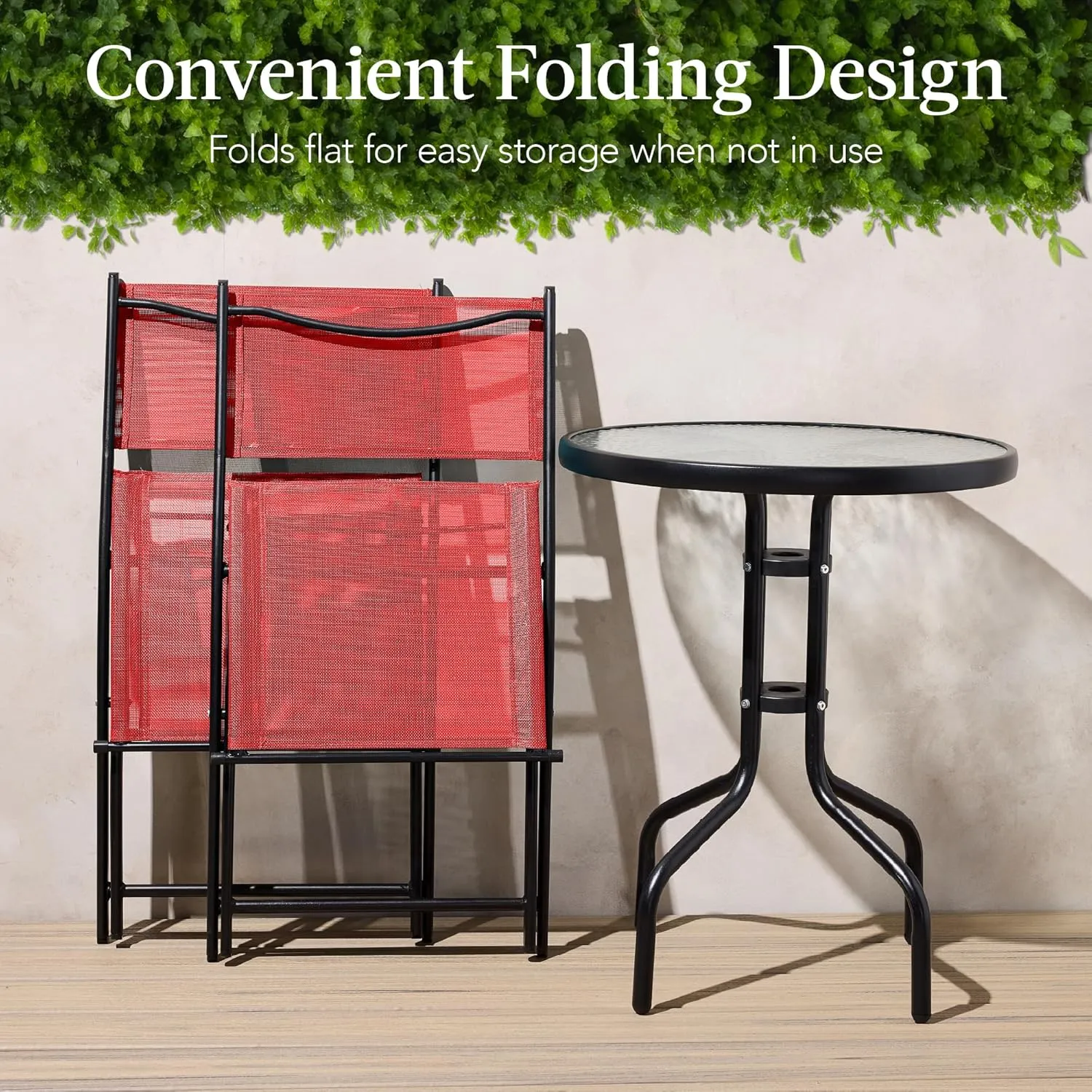 Best Choice Products 3-Piece Patio Bistro Dining Furniture Set w/Textured Glass Tabletop, 2 Steel Folding Chairs, Polyester Fabric - Red