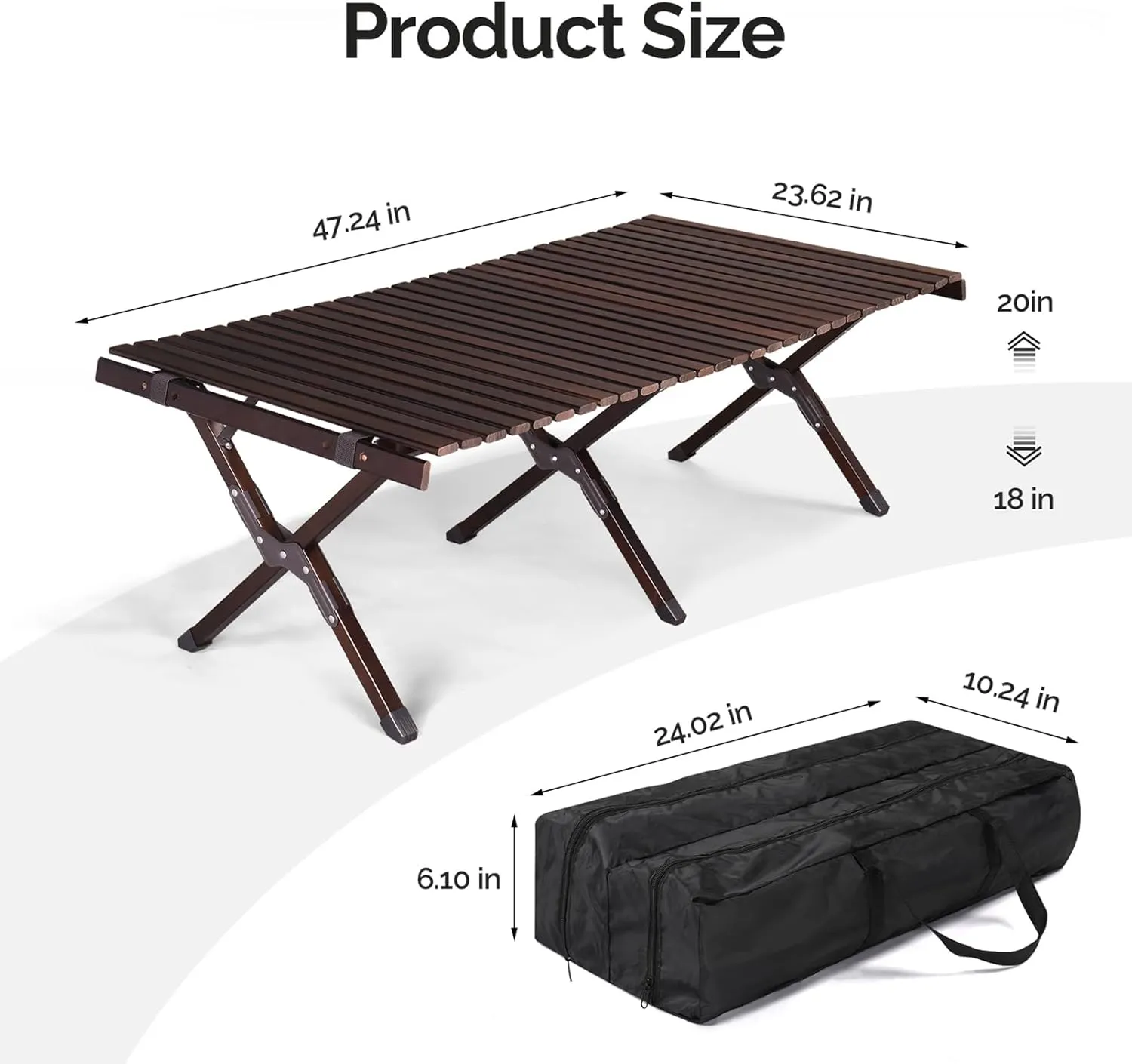 BIVVI Roll-up Wooden Folding Camping Table 47.24" Low Rectangular Picnic Table Patio Table with Easy Carrying Bag,Camp Table for Indoor,Outdoor,Camping, Beach,Backyard, BBQ, Party,Black Walnut Color