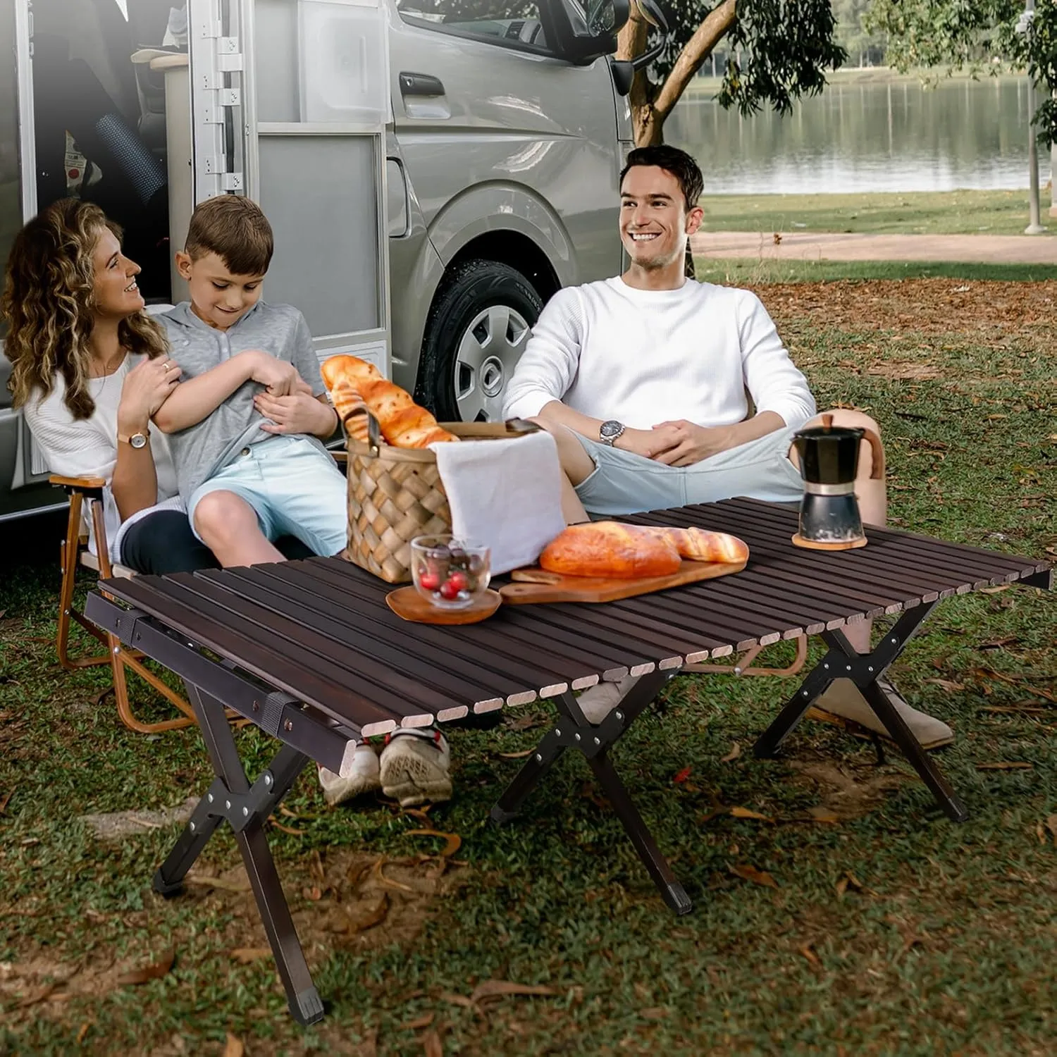 BIVVI Roll-up Wooden Folding Camping Table 47.24" Low Rectangular Picnic Table Patio Table with Easy Carrying Bag,Camp Table for Indoor,Outdoor,Camping, Beach,Backyard, BBQ, Party,Black Walnut Color