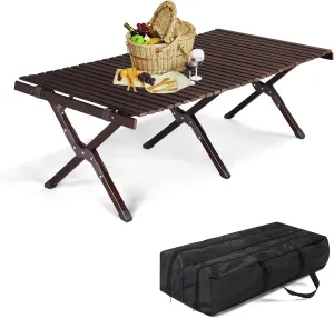 BIVVI Roll-up Wooden Folding Camping Table 47.24" Low Rectangular Picnic Table Patio Table with Easy Carrying Bag,Camp Table for Indoor,Outdoor,Camping, Beach,Backyard, BBQ, Party,Black Walnut Color