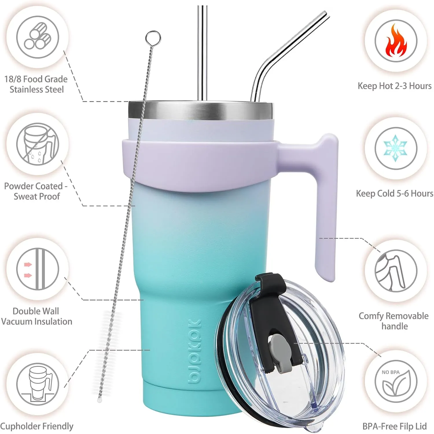 BJPKPK 20 oz Tumbler With Handle And Straw Stainless Steel Insulated Tumbler Cups For Water Or Ice Coffee,Oasis