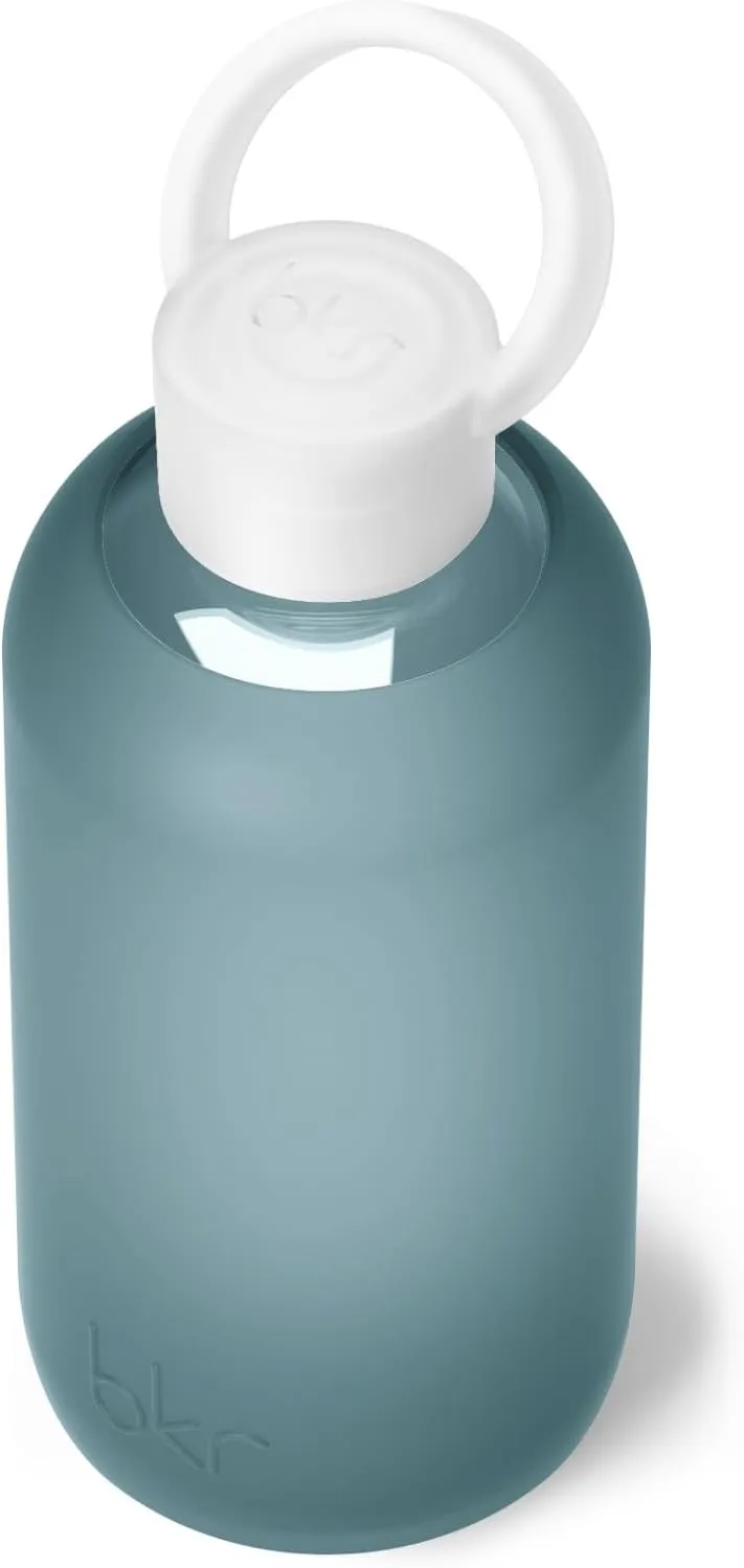 bkr - Little Smooth - Reusable Glass Water Bottle - 16oz - Fits in Cup Holder - Leakproof, Travel Friendly - BPA Free, Dishwasher Safe - Removable Silicone Sleeve & Carrying Loop