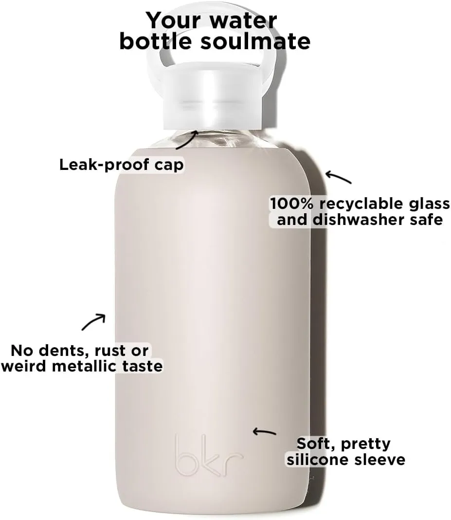 bkr - Little Smooth - Reusable Glass Water Bottle - 16oz - Fits in Cup Holder - Leakproof, Travel Friendly - BPA Free, Dishwasher Safe - Removable Silicone Sleeve & Carrying Loop