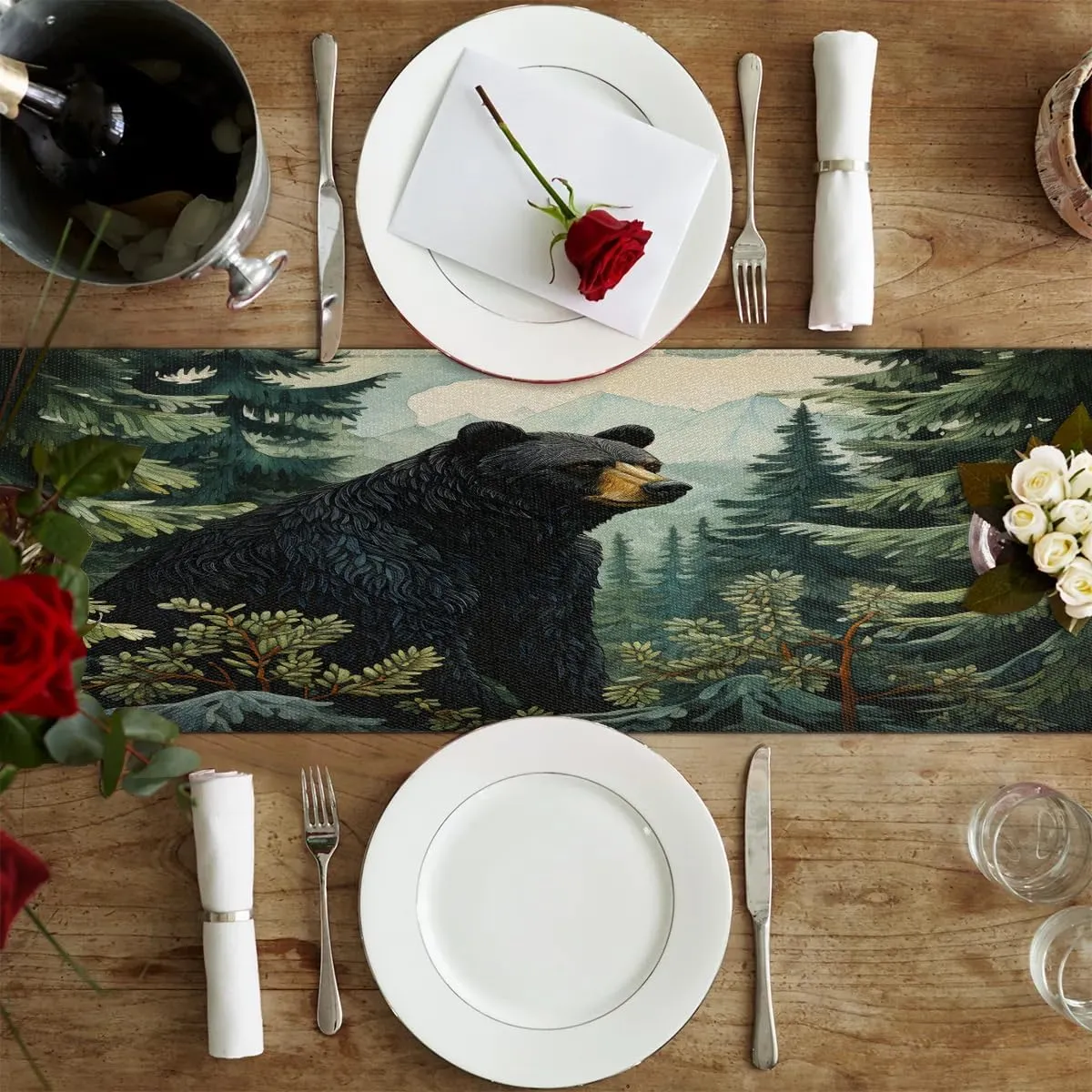 Black Bear Forest Wild Animals Table Runners 90 Inches Long, Farmhouse Kitchen Dining Table Runner for Indoor Outdoor Party Decor, 13x90 Inch