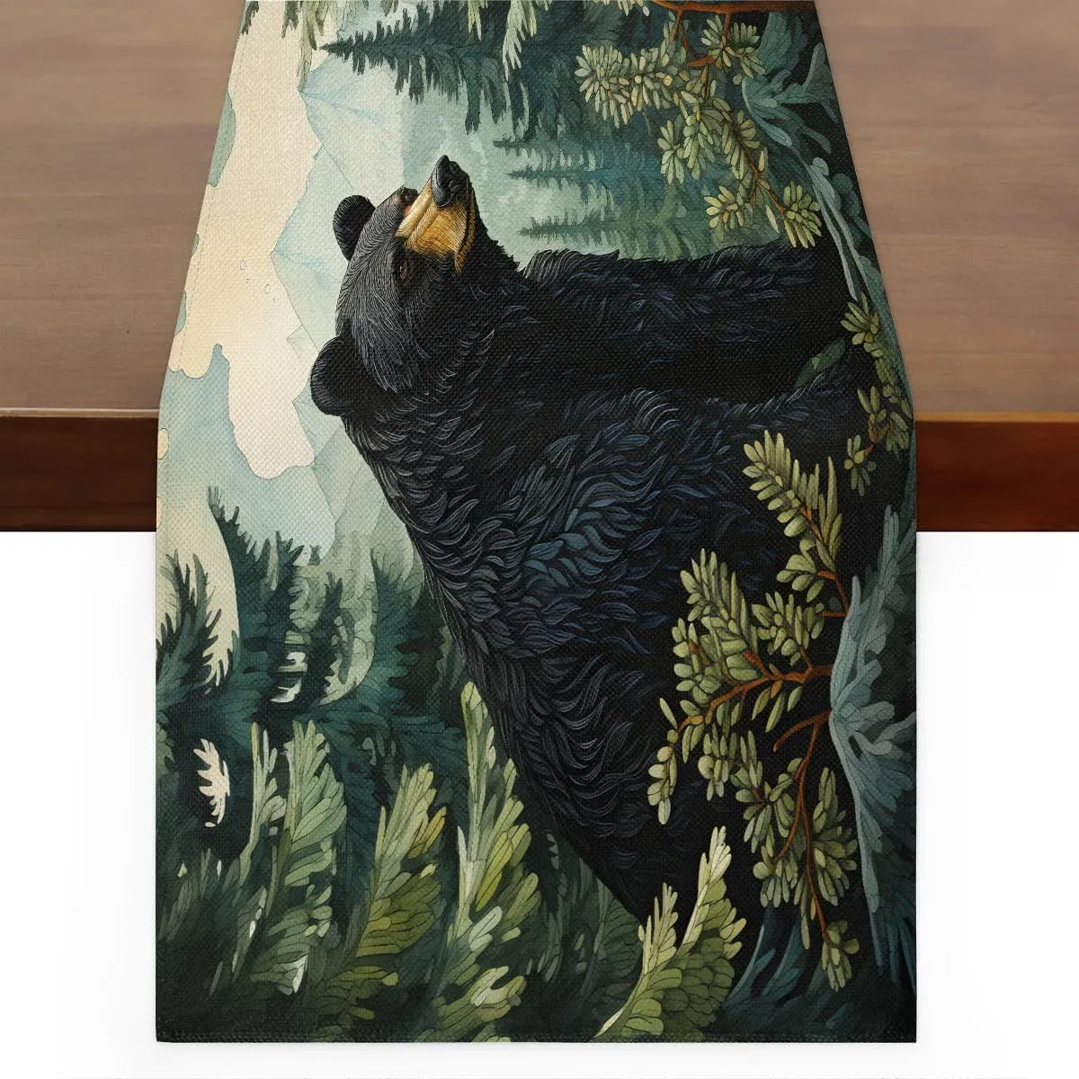 Black Bear Forest Wild Animals Table Runners 90 Inches Long, Farmhouse Kitchen Dining Table Runner for Indoor Outdoor Party Decor, 13x90 Inch