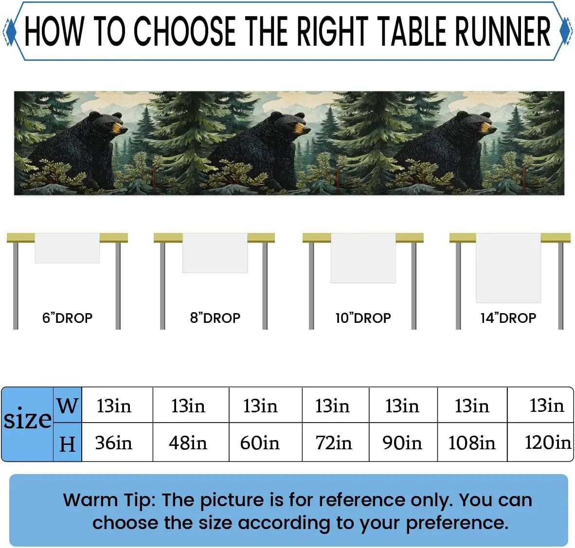 Black Bear Forest Wild Animals Table Runners 90 Inches Long, Farmhouse Kitchen Dining Table Runner for Indoor Outdoor Party Decor, 13x90 Inch