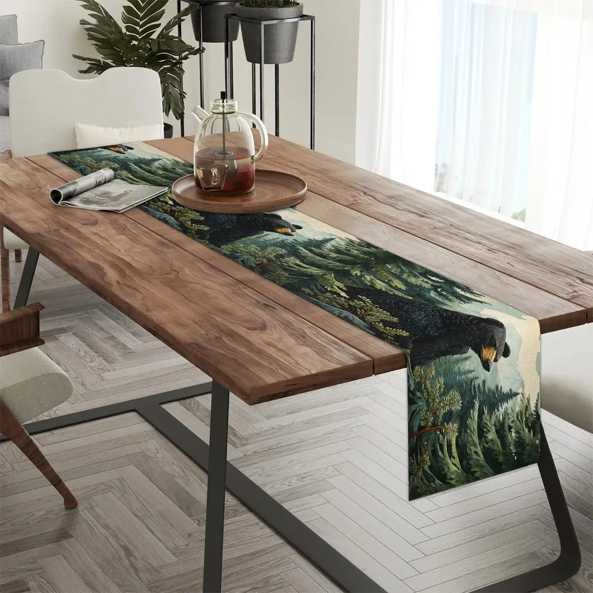 Black Bear Forest Wild Animals Table Runners 90 Inches Long, Farmhouse Kitchen Dining Table Runner for Indoor Outdoor Party Decor, 13x90 Inch