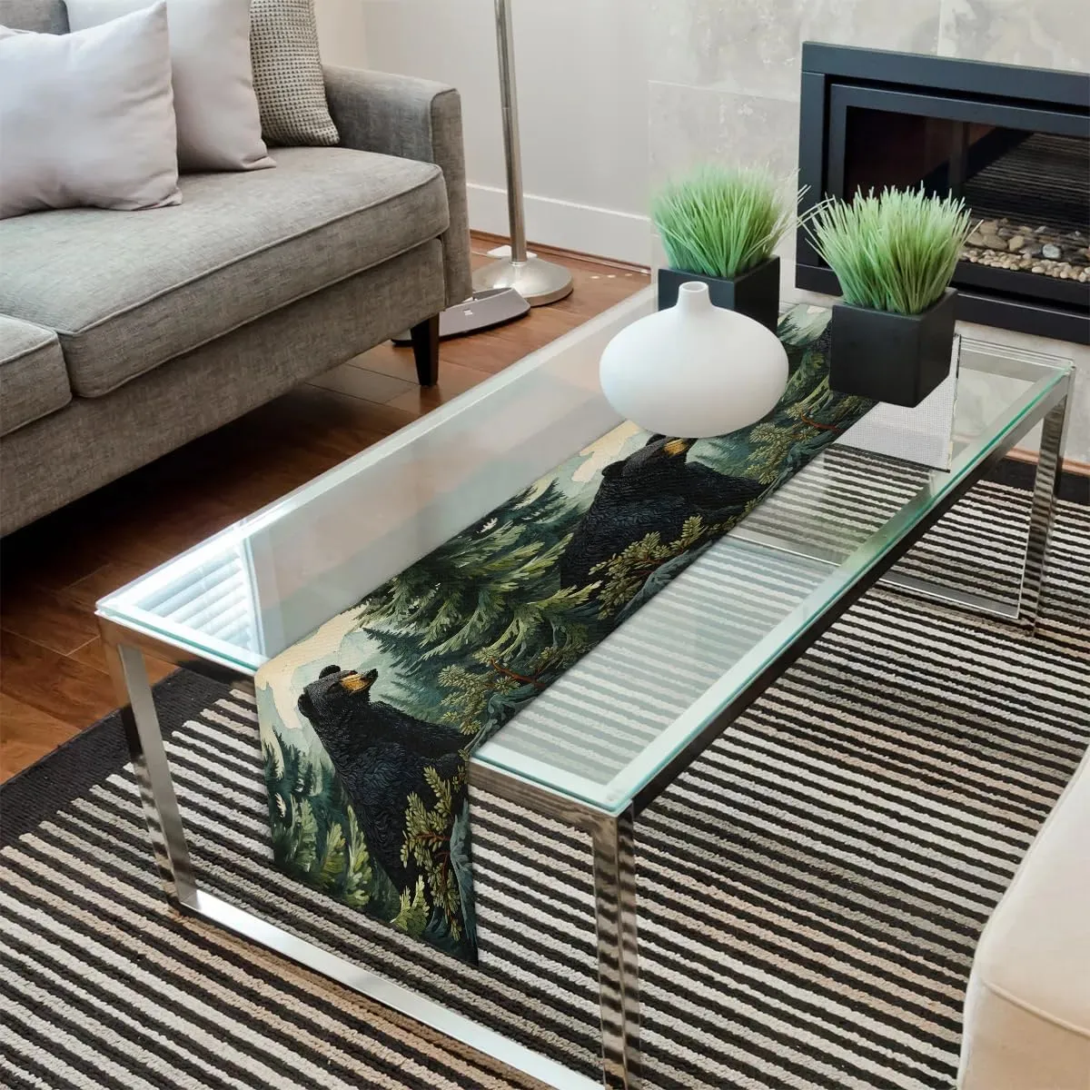 Black Bear Forest Wild Animals Table Runners 90 Inches Long, Farmhouse Kitchen Dining Table Runner for Indoor Outdoor Party Decor, 13x90 Inch
