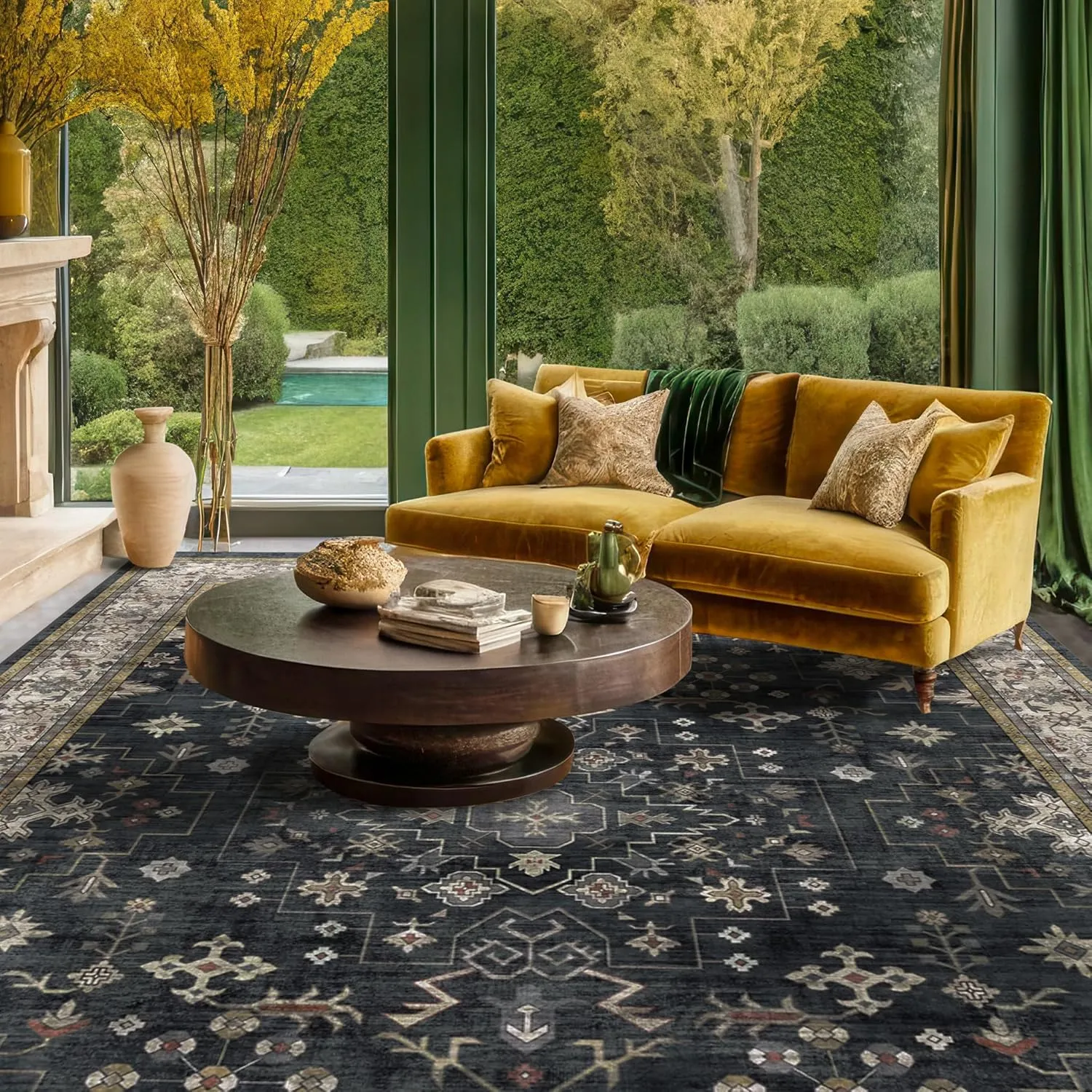 Black Farmhouse Washable 8x10 Area Rugs for Living Room, Bedroom, Dining Room Kitchen Table Rug for Under Table, Office, Dark Charcoal Tumble Stain Resistant Non-Slip Large Washable (8x10 Black/Multi)