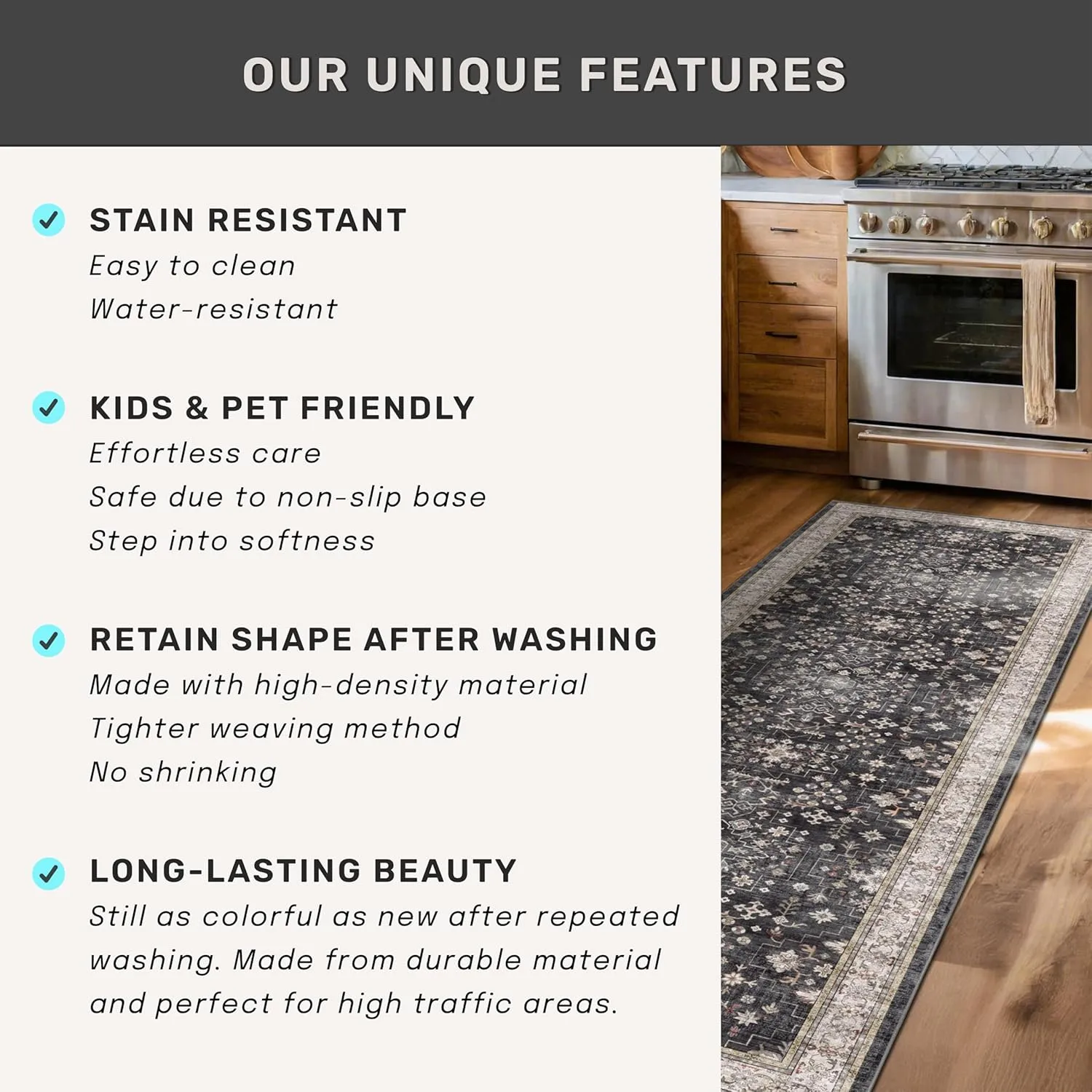 Black Farmhouse Washable 8x10 Area Rugs for Living Room, Bedroom, Dining Room Kitchen Table Rug for Under Table, Office, Dark Charcoal Tumble Stain Resistant Non-Slip Large Washable (8x10 Black/Multi)