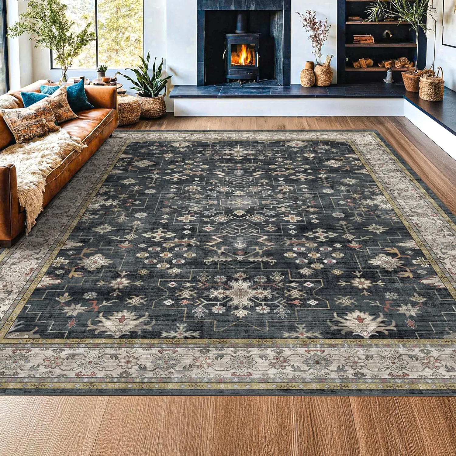 Black Farmhouse Washable 8x10 Area Rugs for Living Room, Bedroom, Dining Room Kitchen Table Rug for Under Table, Office, Dark Charcoal Tumble Stain Resistant Non-Slip Large Washable (8x10 Black/Multi)