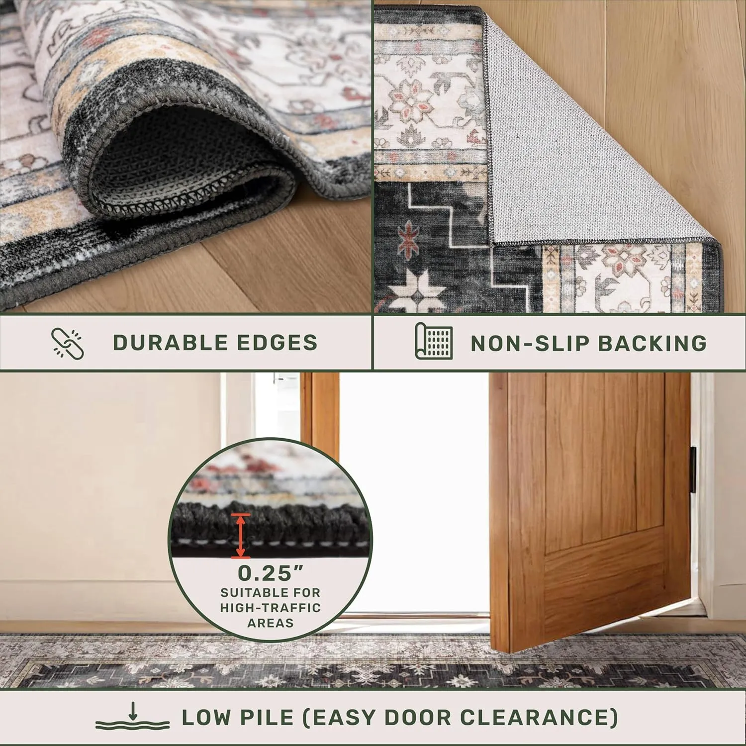 Black Farmhouse Washable 8x10 Area Rugs for Living Room, Bedroom, Dining Room Kitchen Table Rug for Under Table, Office, Dark Charcoal Tumble Stain Resistant Non-Slip Large Washable (8x10 Black/Multi)