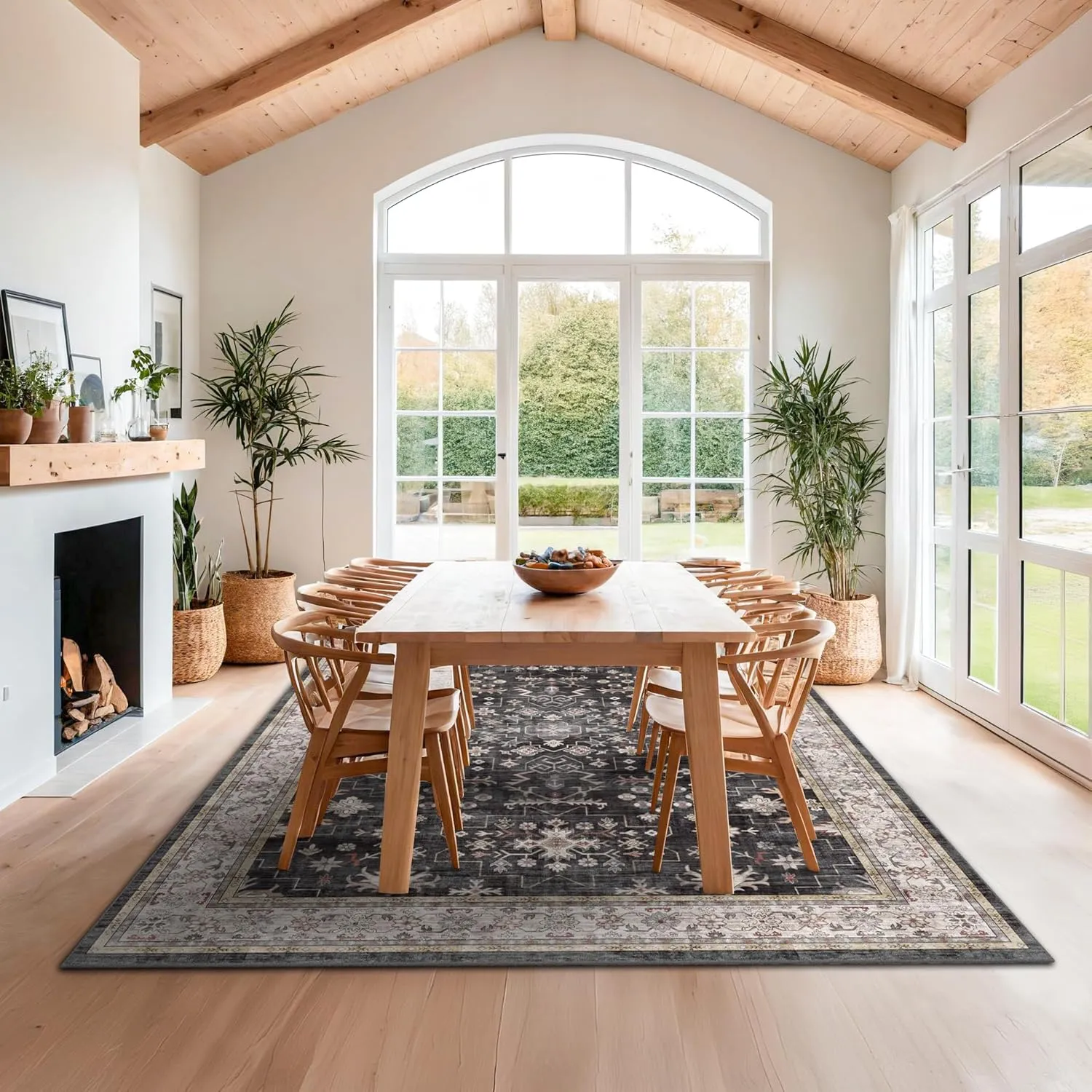 Black Farmhouse Washable 8x10 Area Rugs for Living Room, Bedroom, Dining Room Kitchen Table Rug for Under Table, Office, Dark Charcoal Tumble Stain Resistant Non-Slip Large Washable (8x10 Black/Multi)