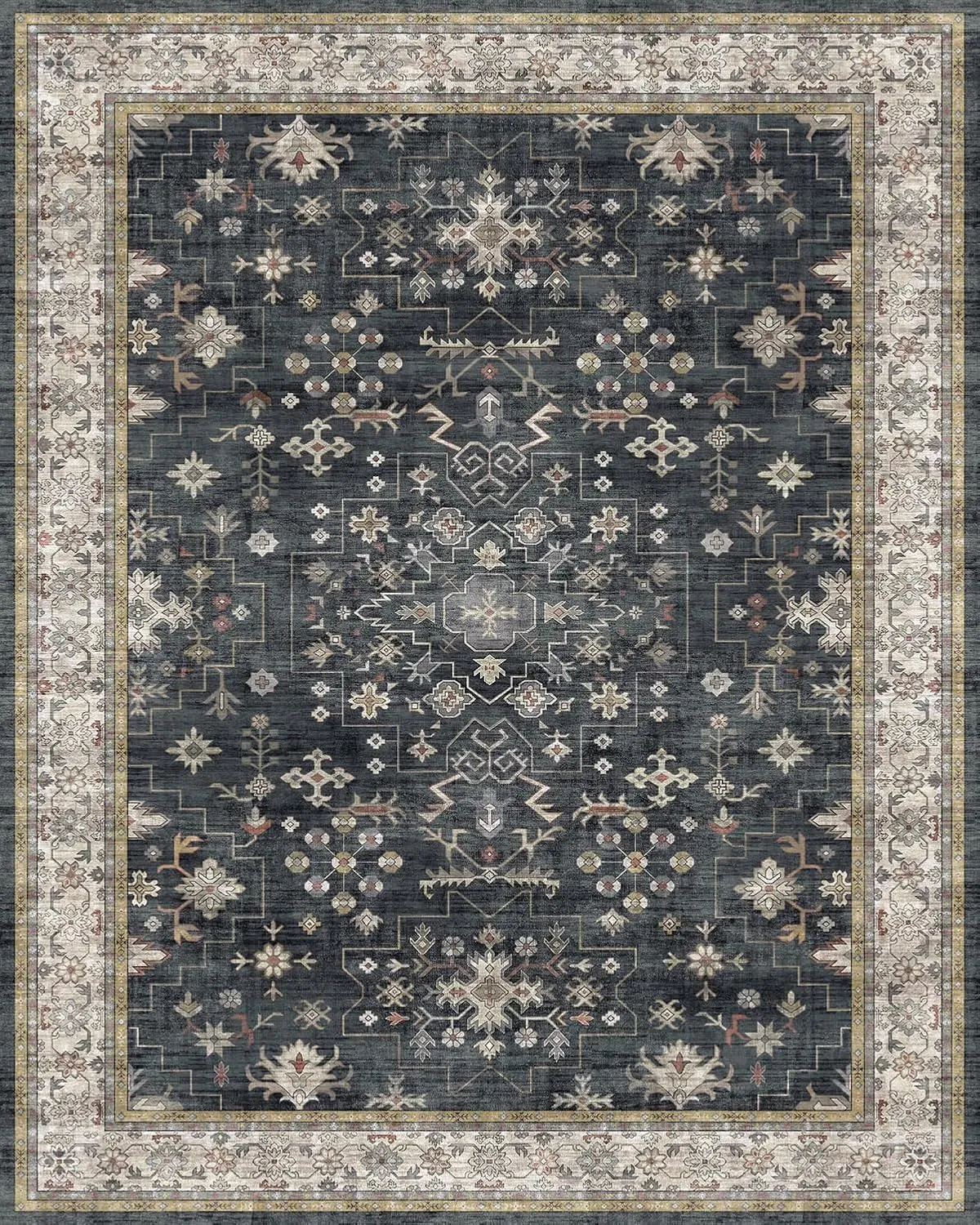 Black Farmhouse Washable 8x10 Area Rugs for Living Room, Bedroom, Dining Room Kitchen Table Rug for Under Table, Office, Dark Charcoal Tumble Stain Resistant Non-Slip Large Washable (8x10 Black/Multi)