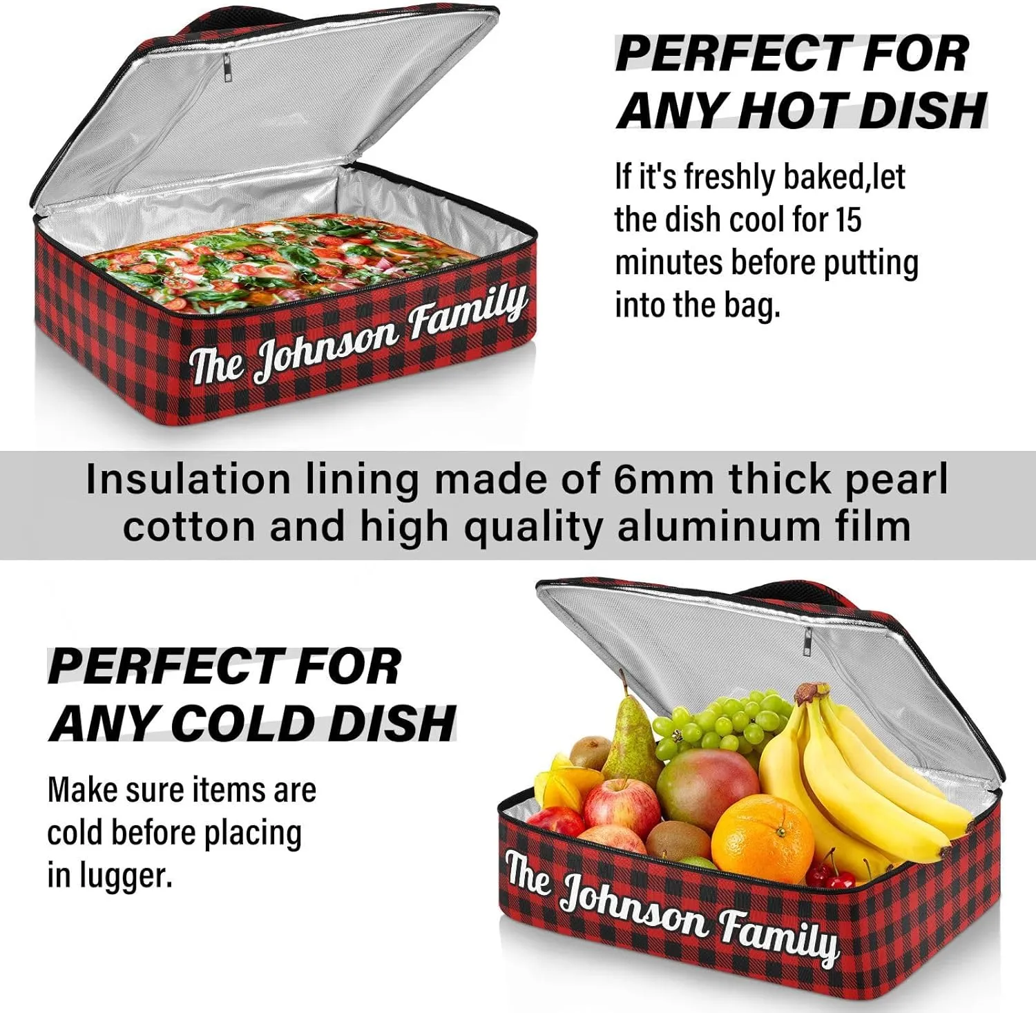 Black Red Buffalo Plaid Check Custom Casserole Carrier Bag for Hot or Cold Food Personalized Insulated Food Dish Bag Tote for Potluck Parties