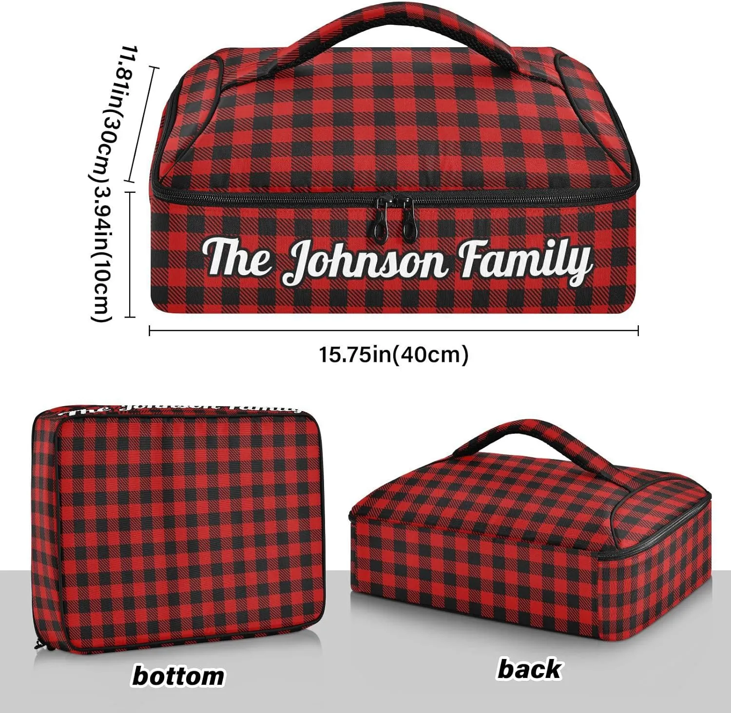 Black Red Buffalo Plaid Check Custom Casserole Carrier Bag for Hot or Cold Food Personalized Insulated Food Dish Bag Tote for Potluck Parties