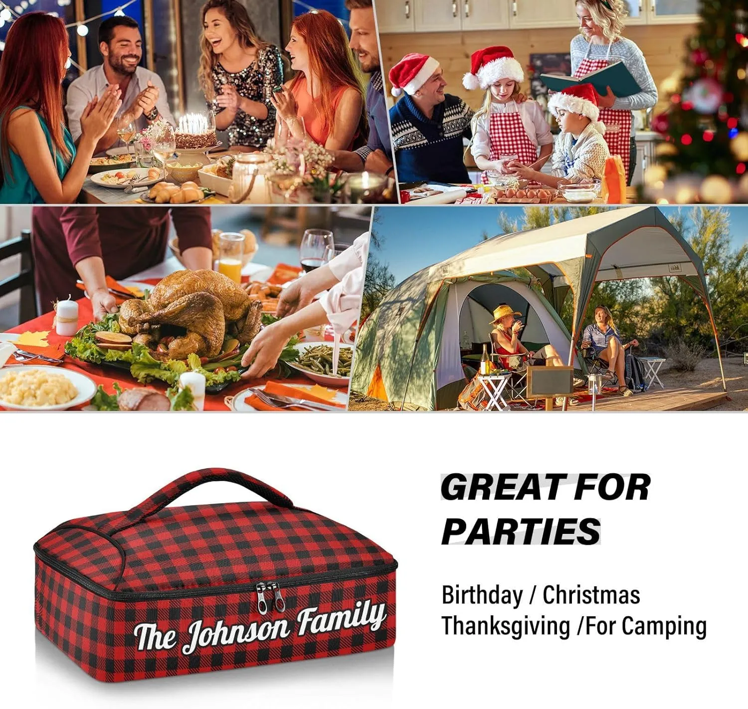 Black Red Buffalo Plaid Check Custom Casserole Carrier Bag for Hot or Cold Food Personalized Insulated Food Dish Bag Tote for Potluck Parties