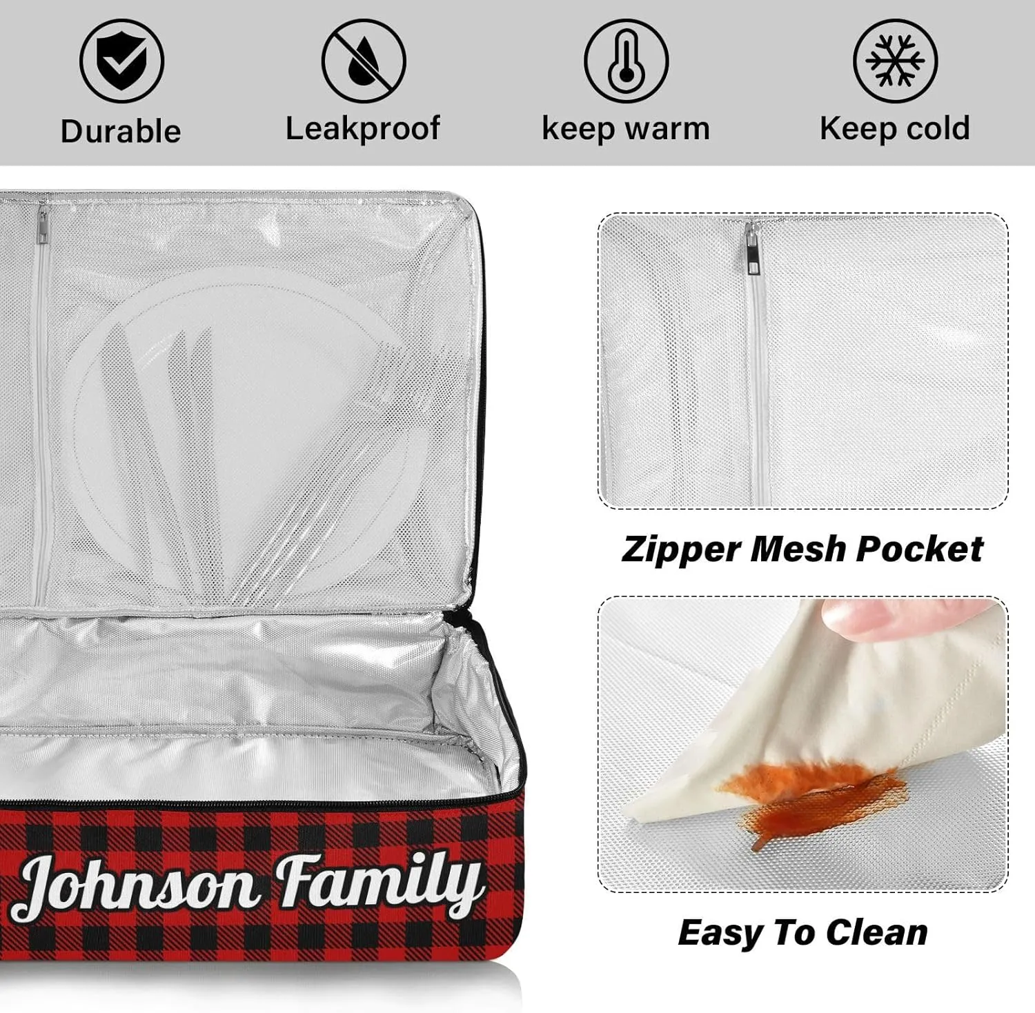 Black Red Buffalo Plaid Check Custom Casserole Carrier Bag for Hot or Cold Food Personalized Insulated Food Dish Bag Tote for Potluck Parties