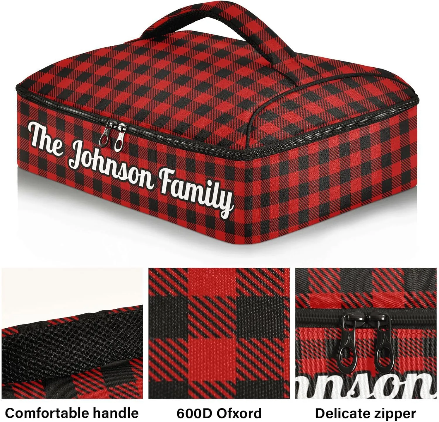 Black Red Buffalo Plaid Check Custom Casserole Carrier Bag for Hot or Cold Food Personalized Insulated Food Dish Bag Tote for Potluck Parties