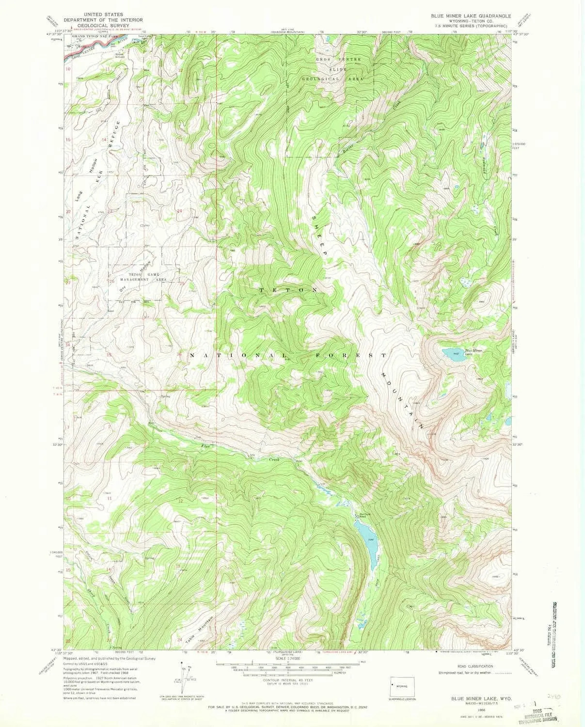 Blue Miner Lake WY topo map, 1:24000 Scale, 7.5 X 7.5 Minute, Historical, 1968, Updated 1971, 26.9 x 21.6 in