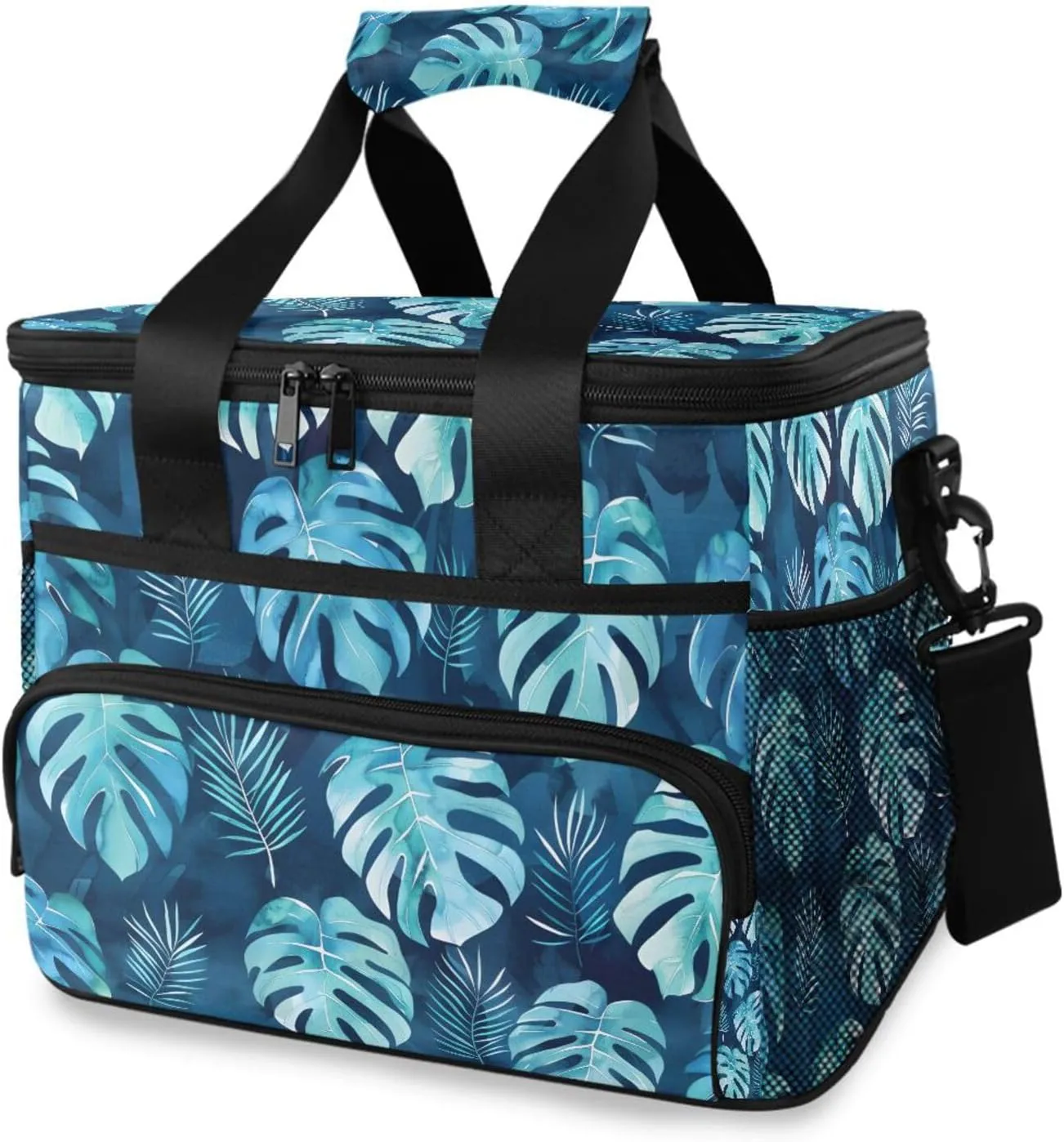Blue Monstera Palm Leaves Cooler Bag Insulated Cooler Soft Sided Cooler 24 Can Portable Picnic Bag Large Leakproof Lunch Bag Box for Beach Grocery Camping Travel Car Men Women
