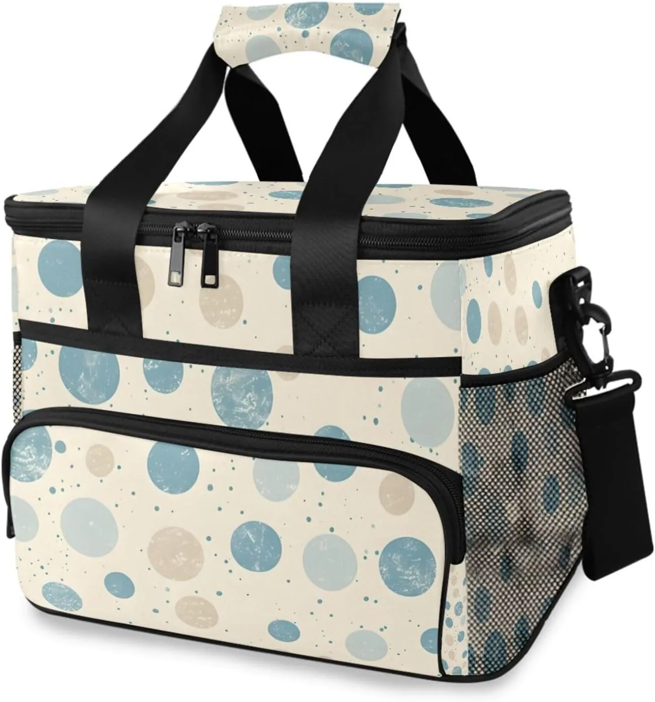 Blue Polka Dots Circle Beige Pattern Cooler Bag Insulated Cooler Soft Sided Cooler 24 Can Portable Picnic Bag Large Leakproof Lunch Bag Box for Beach Grocery Camping Travel Car Men Women