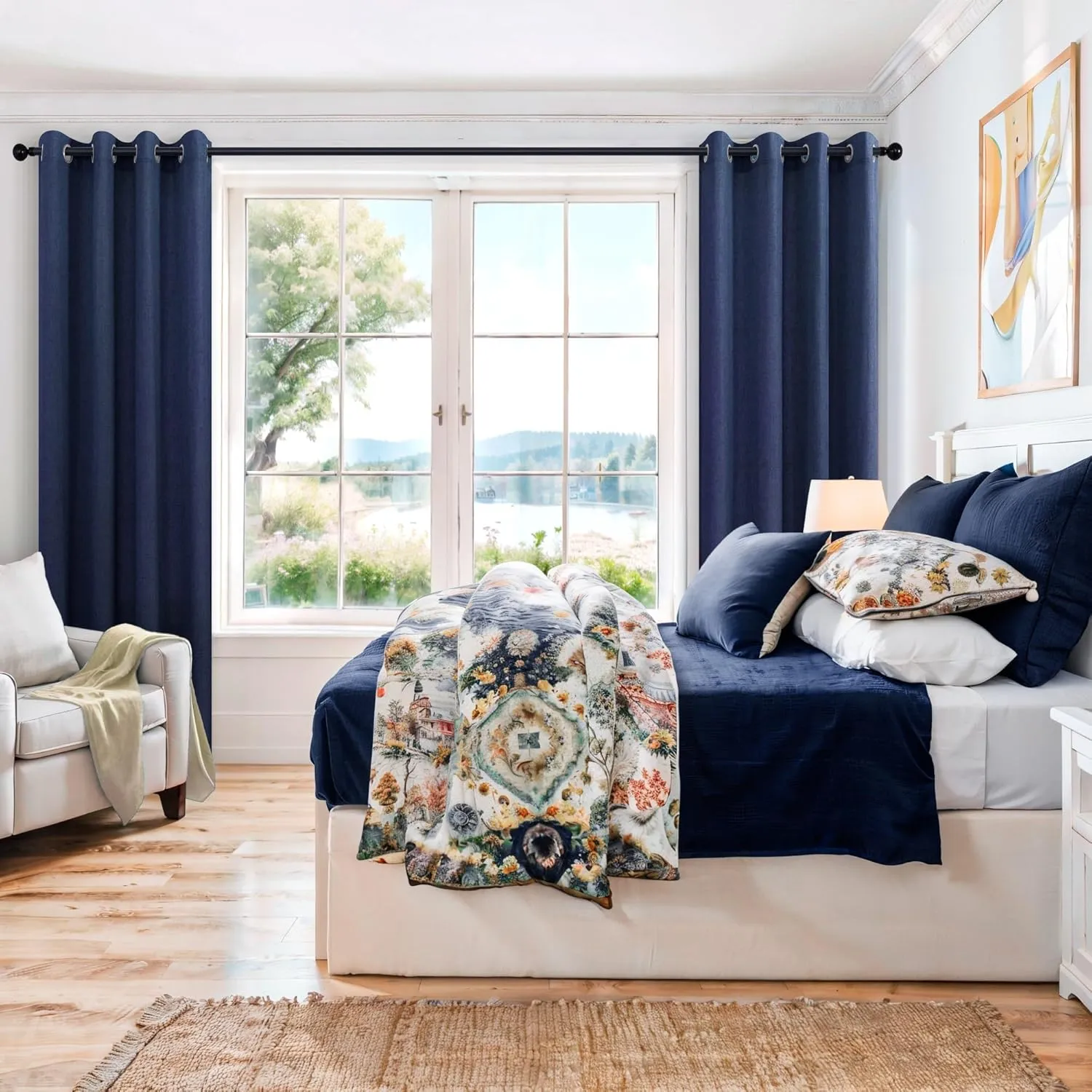Blue Sliding Glass Door Curtains 52 Wide by 108 Length 2 Panels Patio Semi Sheer Light Filtering Drapes for Living Room 52x108 Inches Long Navy