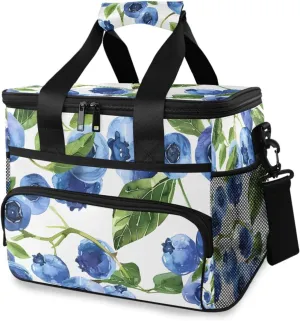 Blueberry Leaves White Cooler Bag Insulated Cooler Soft Sided Cooler 24 Can Portable Picnic Bag Large Leakproof Lunch Bag Box for Beach Grocery Camping Travel Car Men Women
