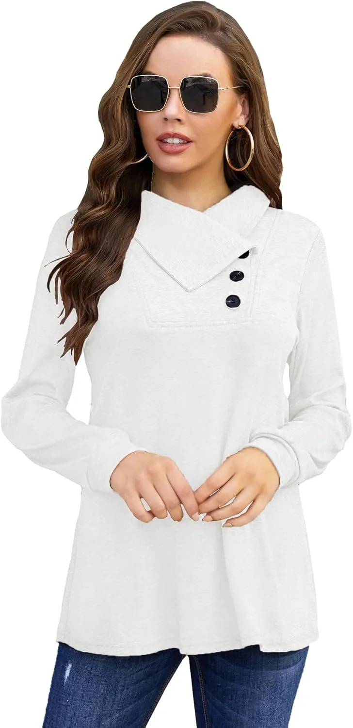 Bluetime Women's Fall Long Sleeve Cowl Neck Button Tunic Tops Lightweight Sweatshirts