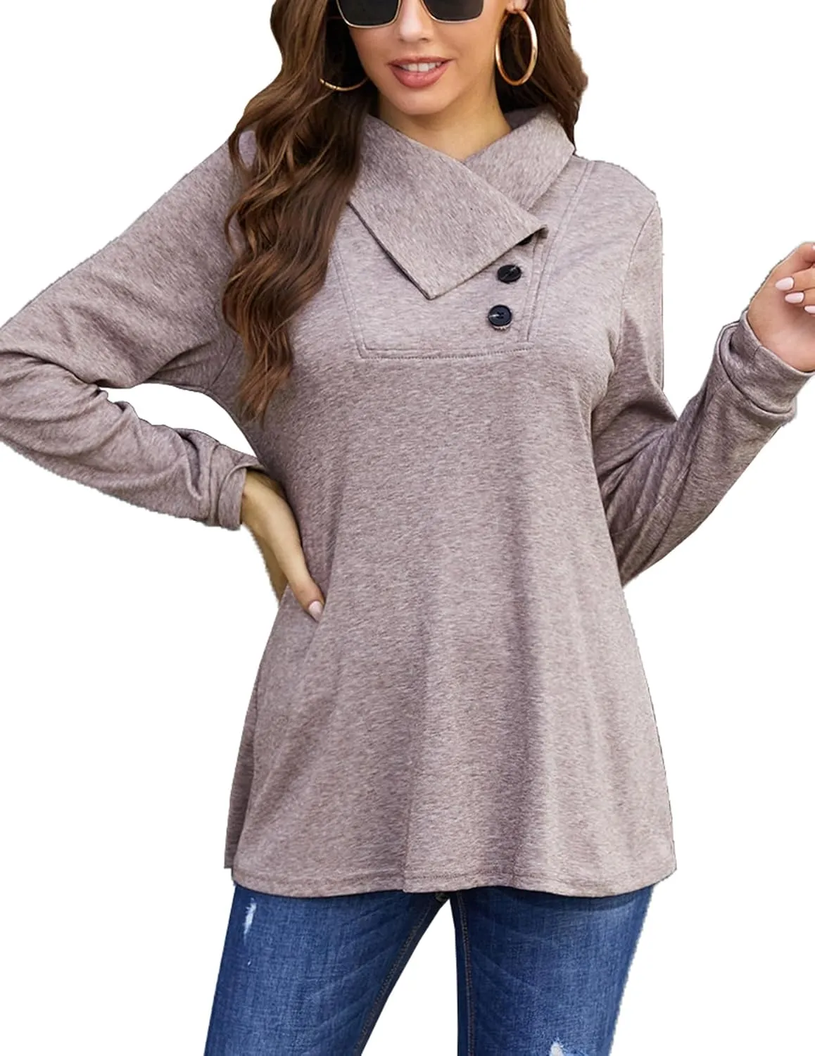 Bluetime Women's Fall Long Sleeve Cowl Neck Button Tunic Tops Lightweight Sweatshirts