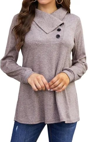 Bluetime Women's Fall Long Sleeve Cowl Neck Button Tunic Tops Lightweight Sweatshirts