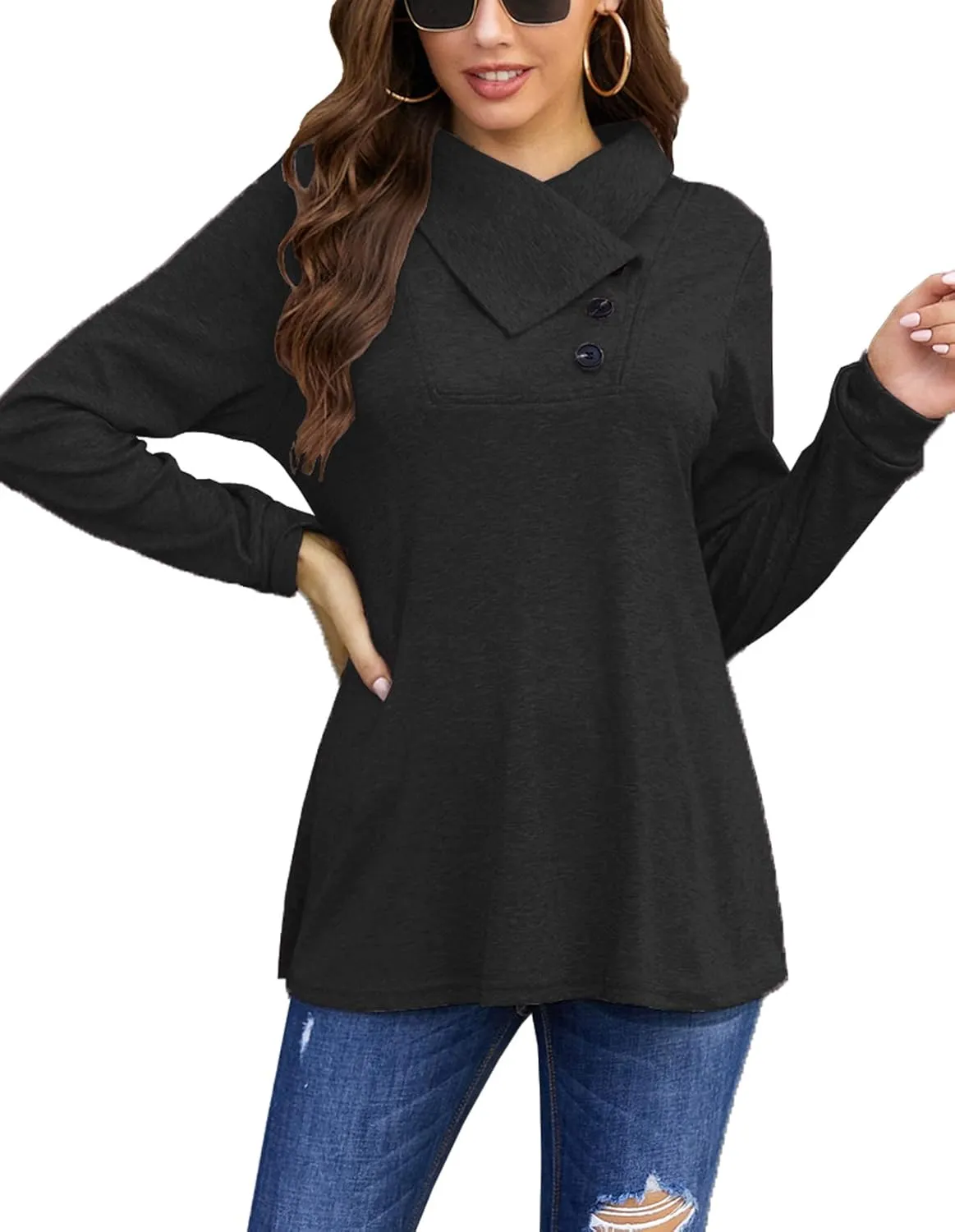 Bluetime Women's Fall Long Sleeve Cowl Neck Button Tunic Tops Lightweight Sweatshirts