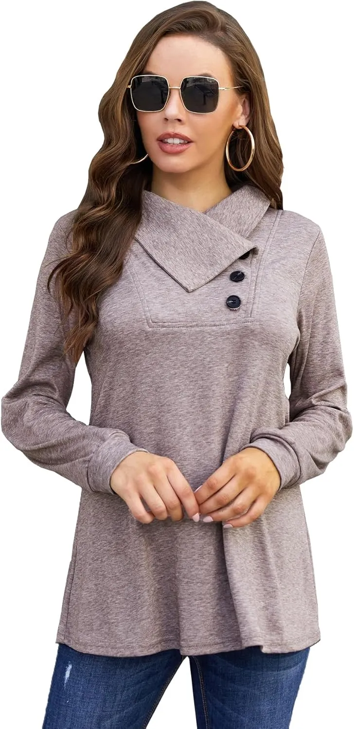 Bluetime Women's Fall Long Sleeve Cowl Neck Button Tunic Tops Lightweight Sweatshirts