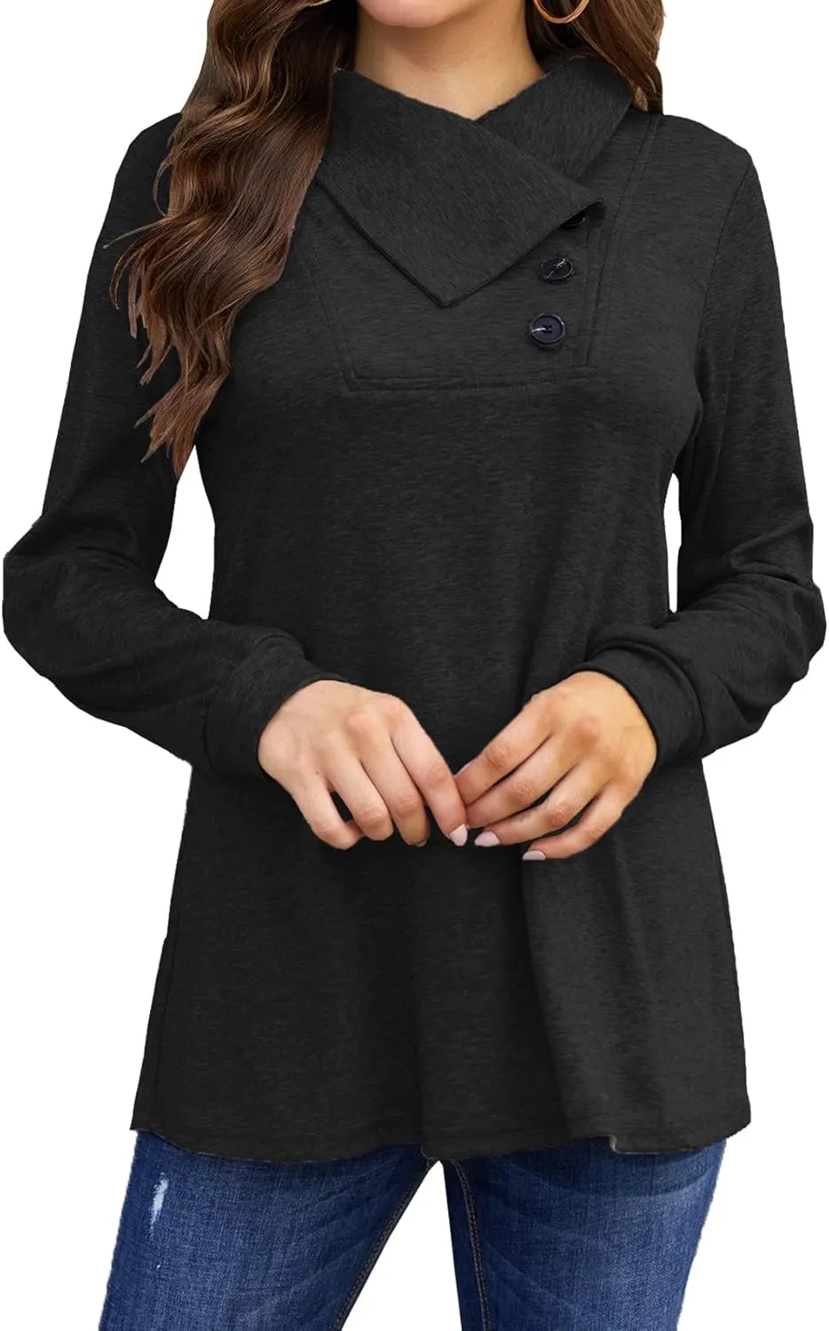 Bluetime Women's Fall Long Sleeve Cowl Neck Button Tunic Tops Lightweight Sweatshirts