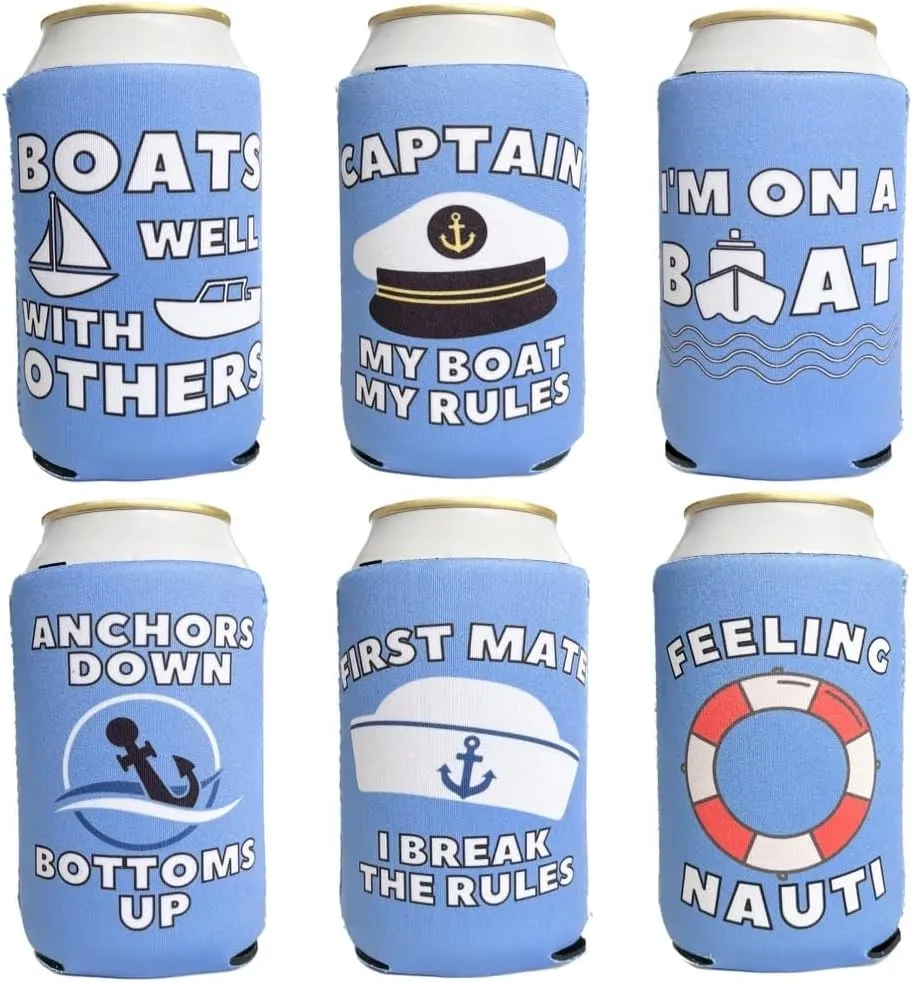 Boating Themed Coozies - Great Gift for Any Sailor - Premium Neoprene Material - 6 Pack (Standard 12oz Beer/Soda Can)